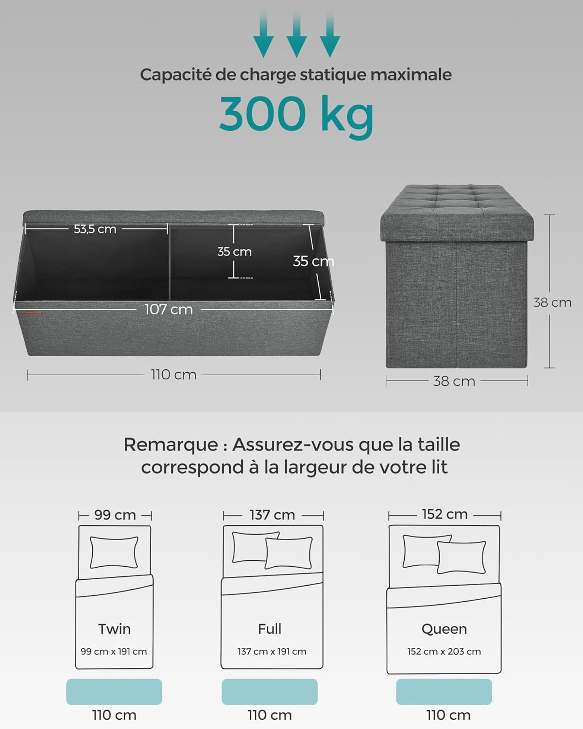 Detalle de SONGMICS MAZIE LSF77K : banc de rangement pliable 110 cm avec repose-pieds