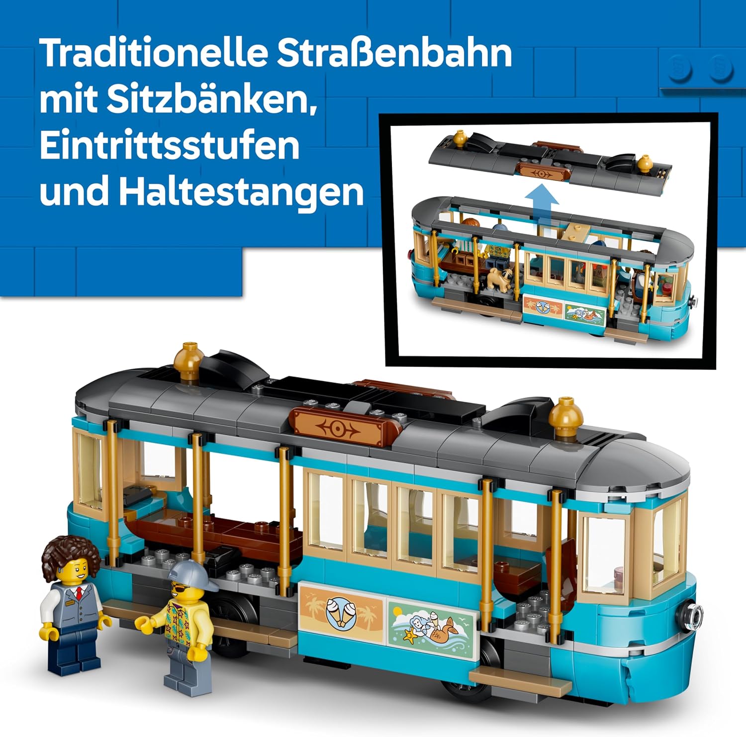 Thumbnail 3 de LEGO City Klassische Strandstraßenbahn 60506 – Spielset mit Bahn, Anlegestelle, Eiswagen, 5 Minifiguren und 5 Tierfiguren