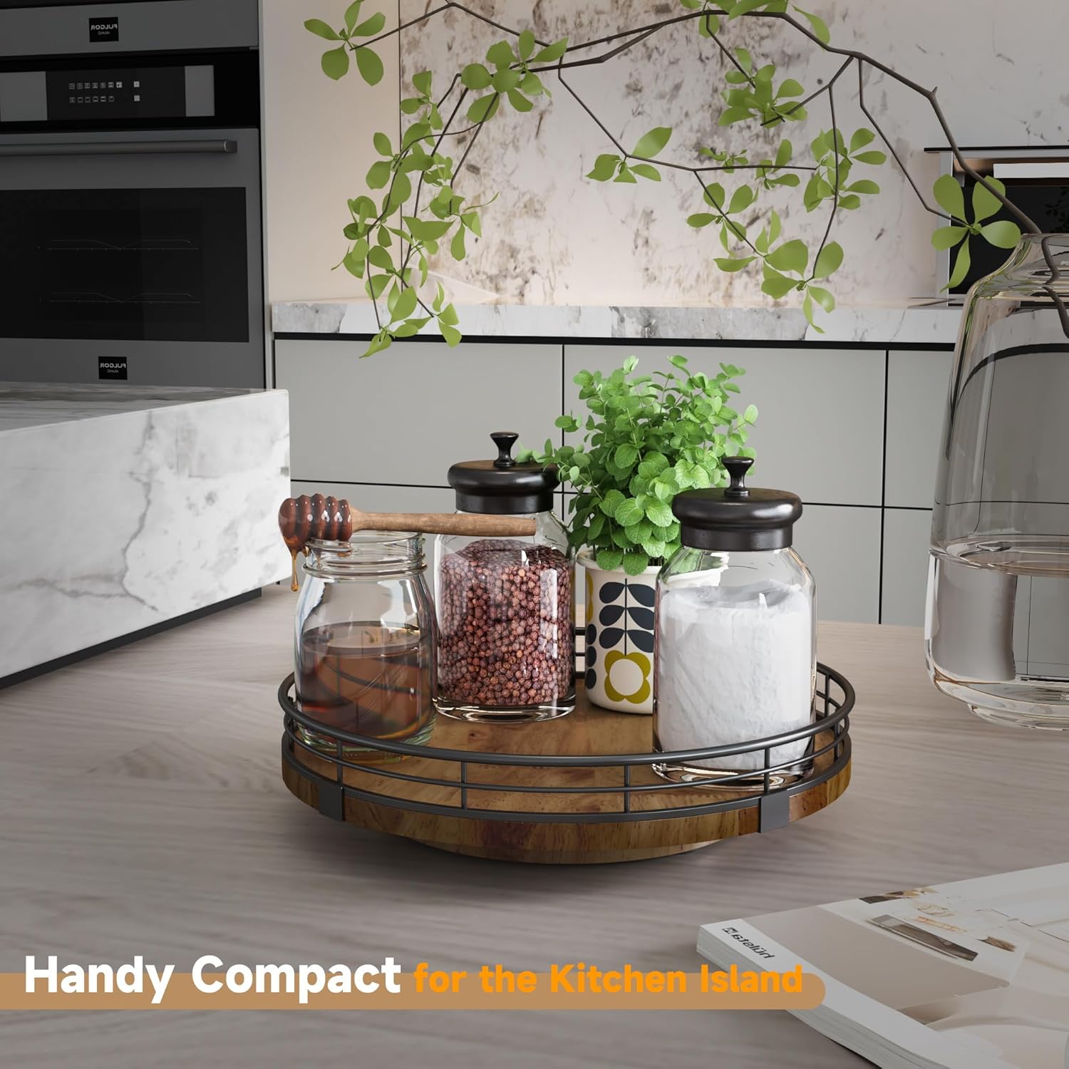 Thumbnail 1 de Farmhouse Oak 9" Lazy Susan Turntable Organizer (Solid Wood, 360° Rotation) for Kitchen, Pantry, and Cabinet Storage