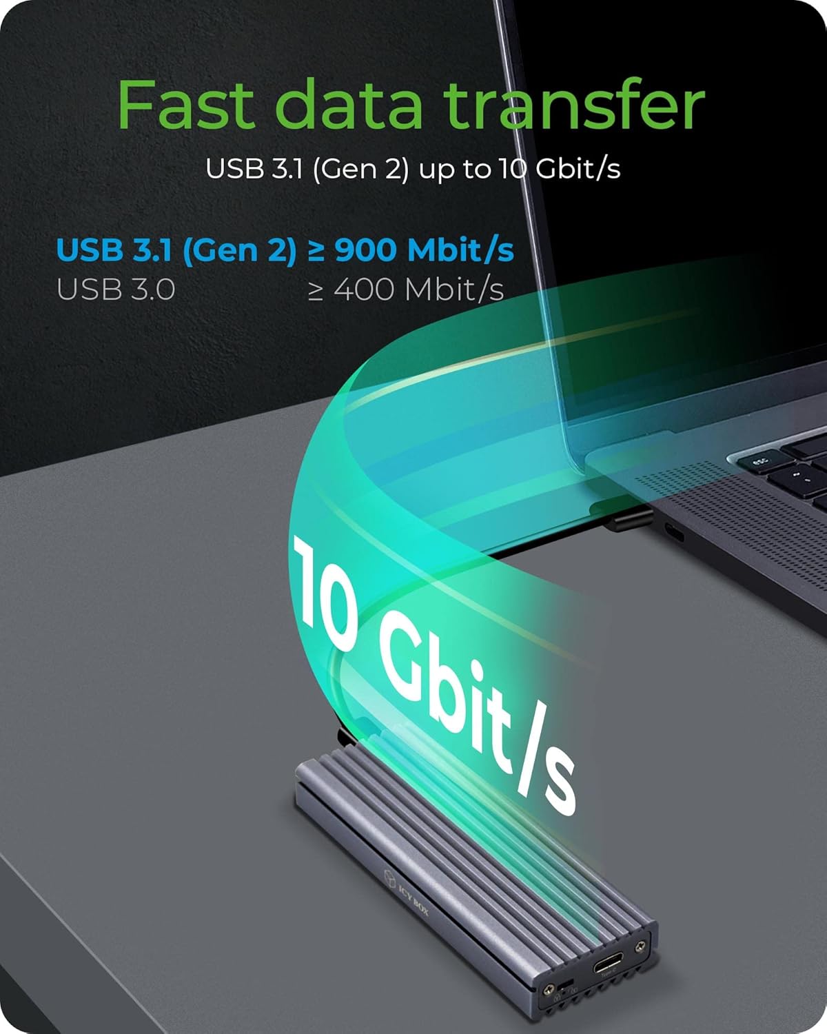 Detalle de ICY BOX SSD M.2 NVMe Gehäuse USB 3.1 Gen2 – Aluminium, Kühlung, PCIe M-Key, USB-C/USB-A