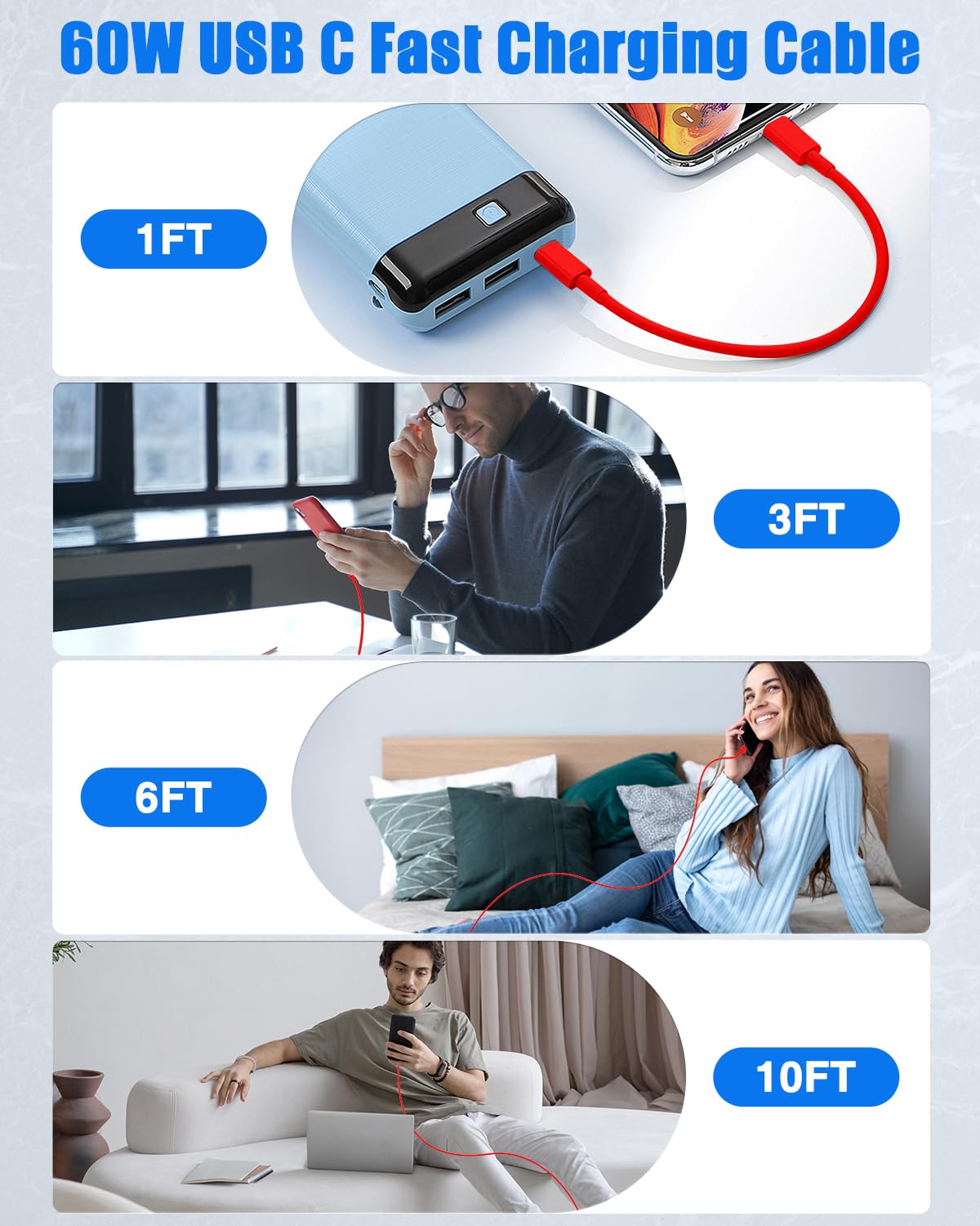 Thumbnail 4 de 10Pack USB C to USB C Cables (3ft each) — 60W PD, Red, Bulk Kit for iPhone 17/Air/16/15 Pro Max and More