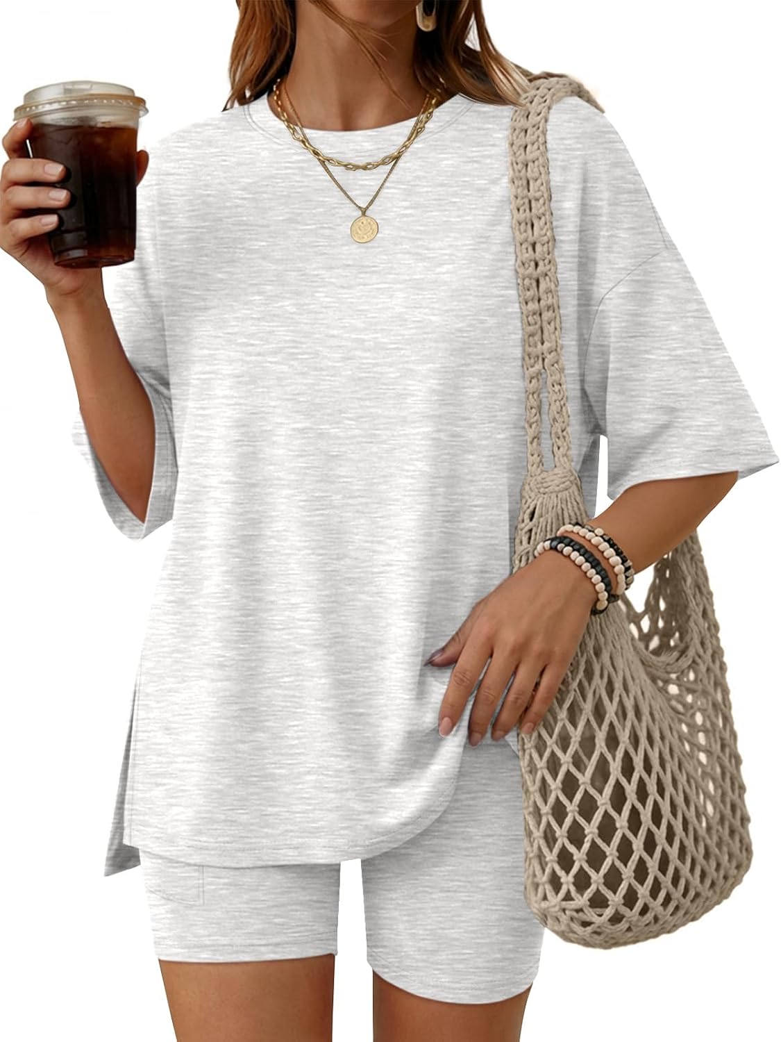 Detalle de LILLUSORY Women’s Lounge Sets: Rayon-Spandex Shorts 2-Piece Pajamas (Relaxed Tee + Biker Shorts)