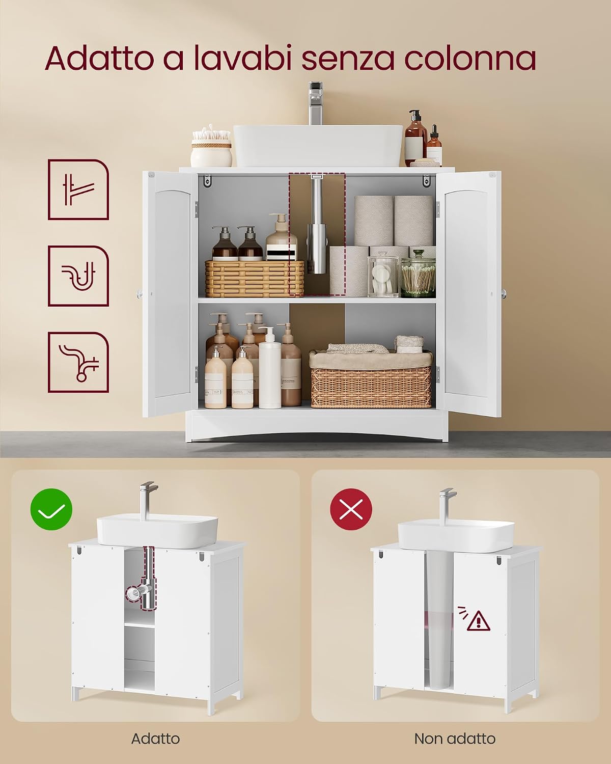 Detalle de VASAGLE Mobile Sottolavabo BBC011W01: Mobiletto da Bagno con 2 Ante e Ripiano Regolabile, 40 x 70 x 70 cm, Bianco Nuvola