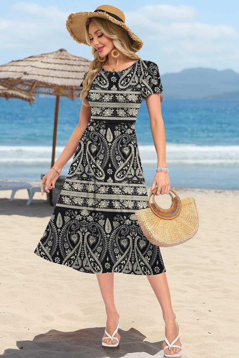 Detalle de MOLERANI Damen Sommerkleider – Kurzarm Rundhals Midikleid mit Tasche, A-Linien-Schnitt
