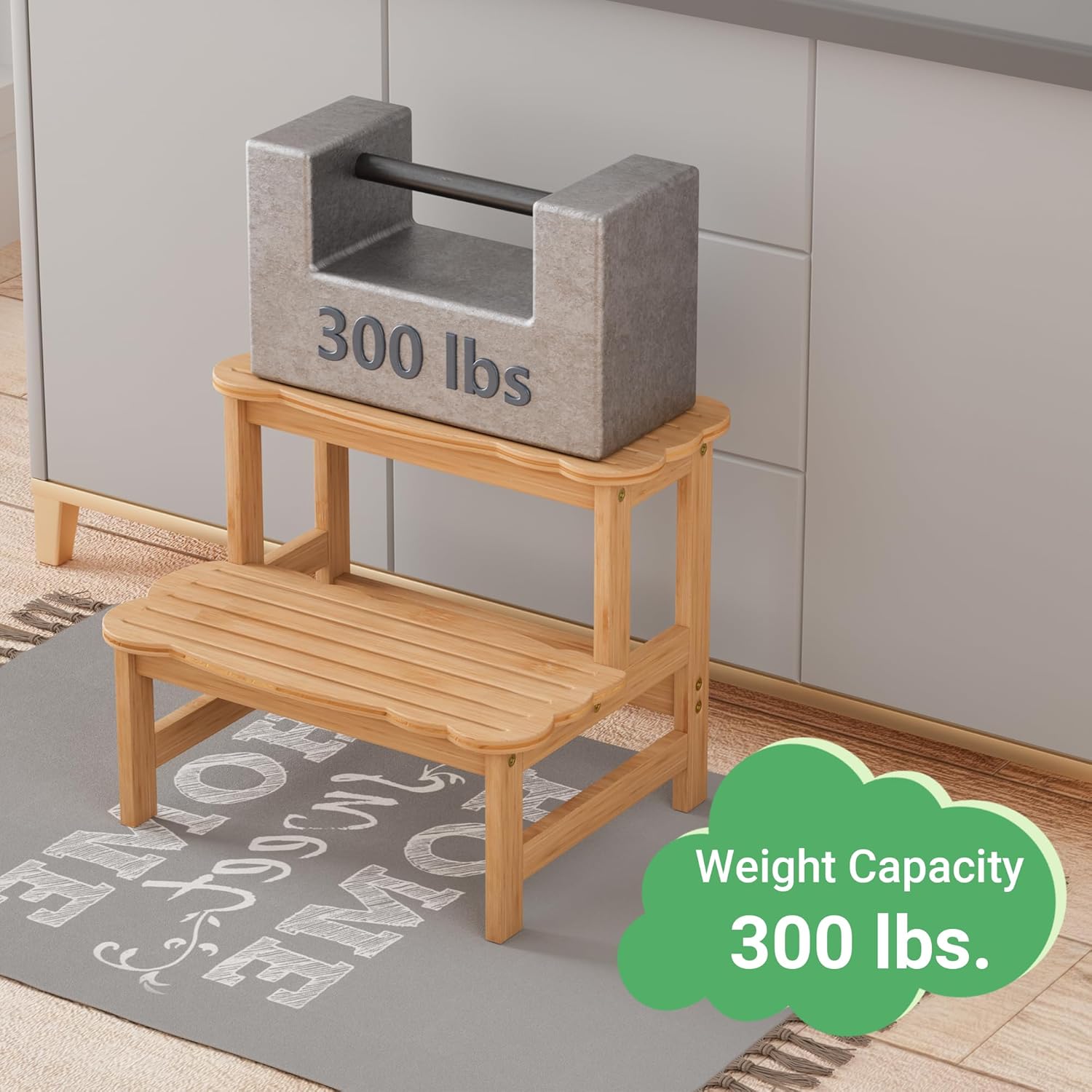 Detalle de COSYLAND Kids Step Stool – Wooden Two-Step Stool (Natural) with 300 lb Capacity