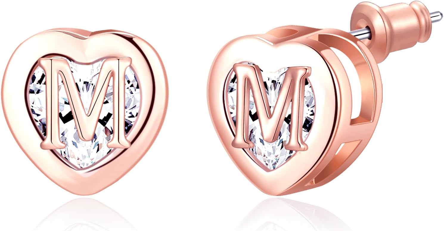 Thumbnail 6 de Heart Initial Stud Earrings CZ 14K Gold