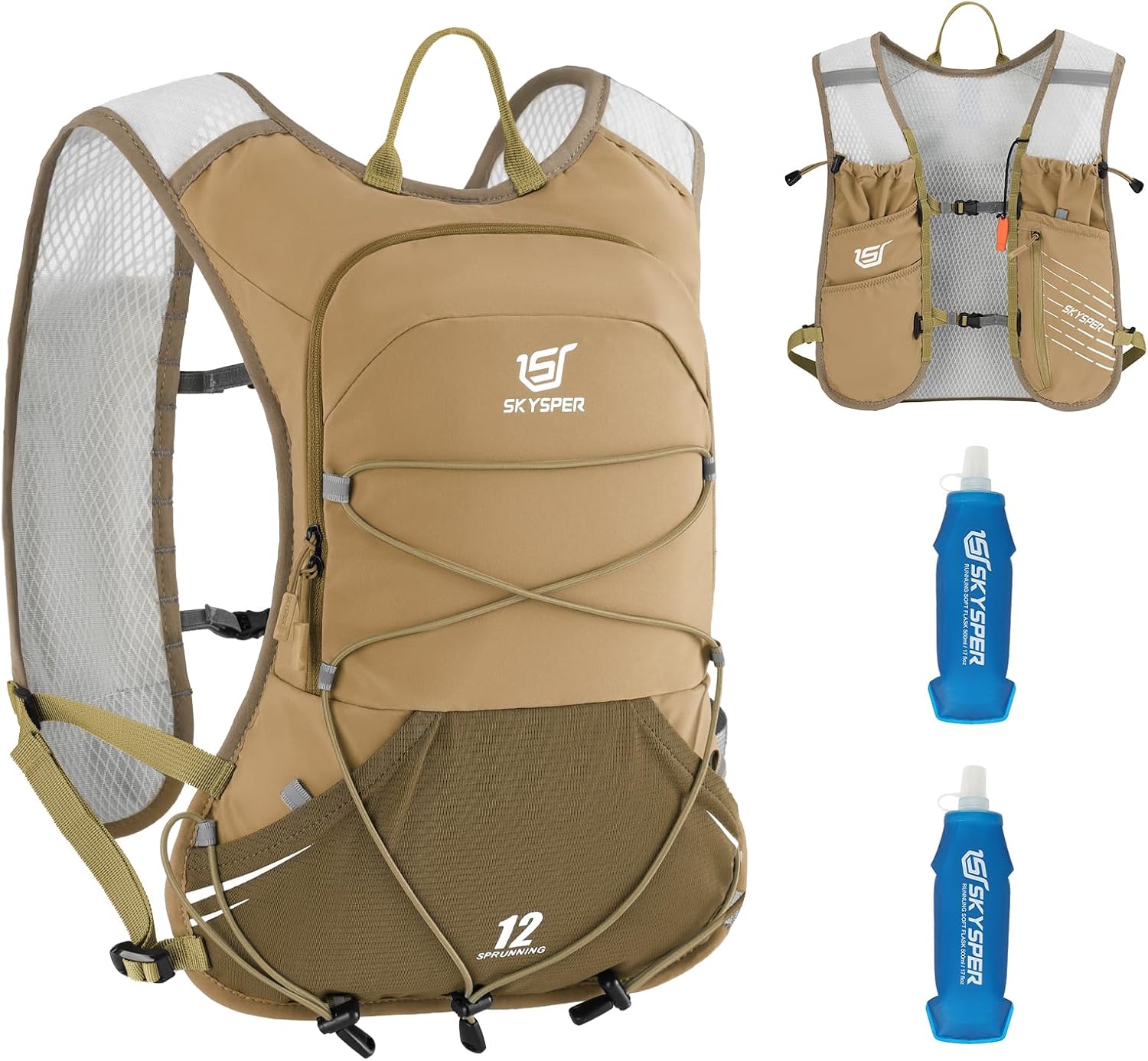 Detalle de SKYSPER Zaino Idratazione 12L: Gilet Trail con 2 Borracce 500ml, 9 Scomparti e Peso 230g