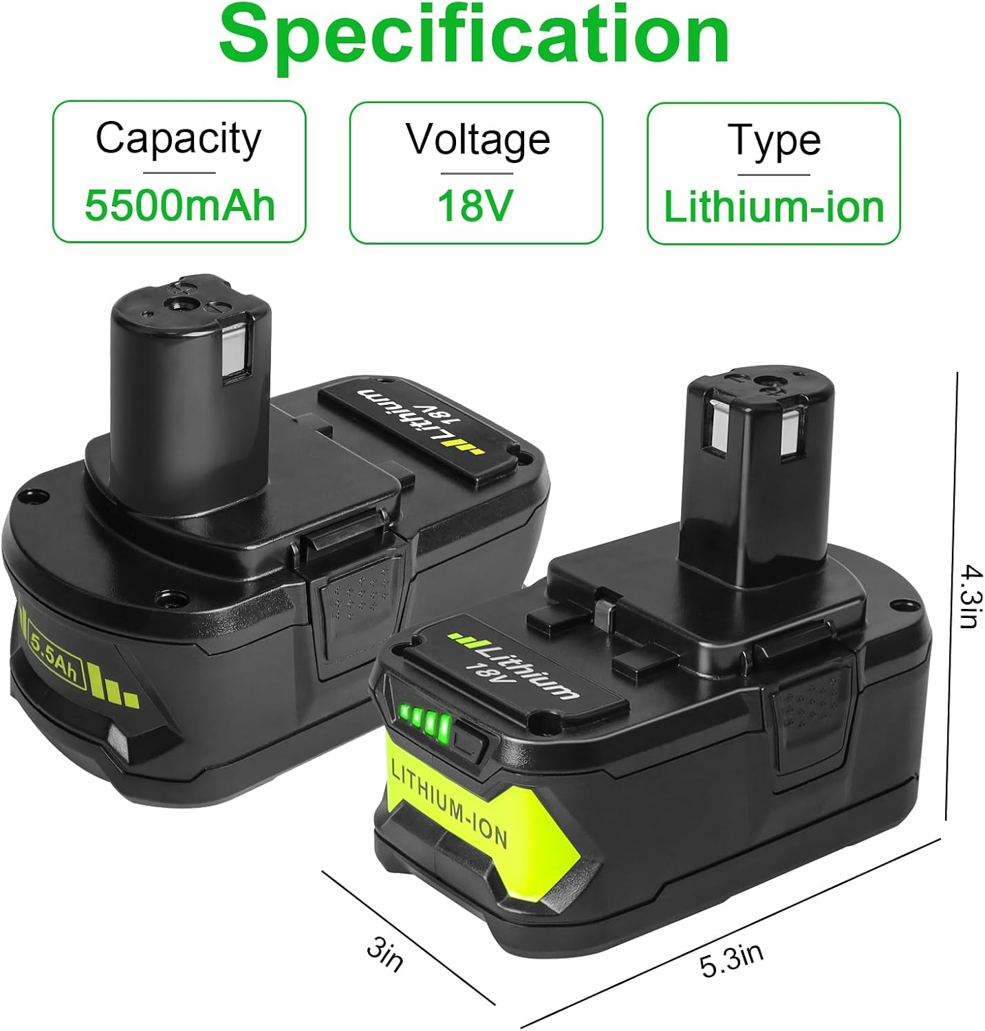 Detalle 2 de Powarobor 2-Pack 5.5Ah 18V Lithium-Ion Battery & P117 Charger Combo for Ryobi ONE+