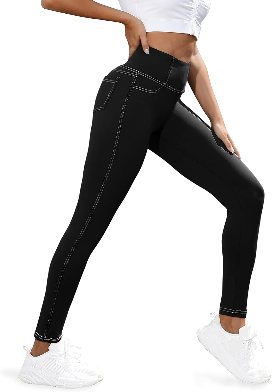 Detalle de VOOVEEYA Curvy Womens Leggings with Back Pockets — High Waisted, Tummy-Control Yoga Pants