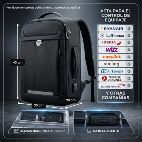 Detalle de Mochila de cabina EDIESI 40x30x20 con USB y expansión, práctica para vuelos y escapadas