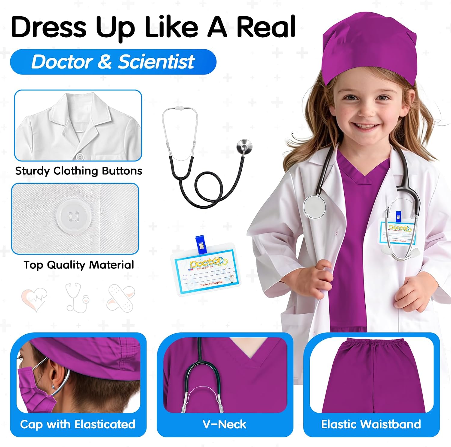 Detalle de COTATERO CO-BL-CO-7P Kids’ Doctor Costume Set with Lab Coat and Stethoscope