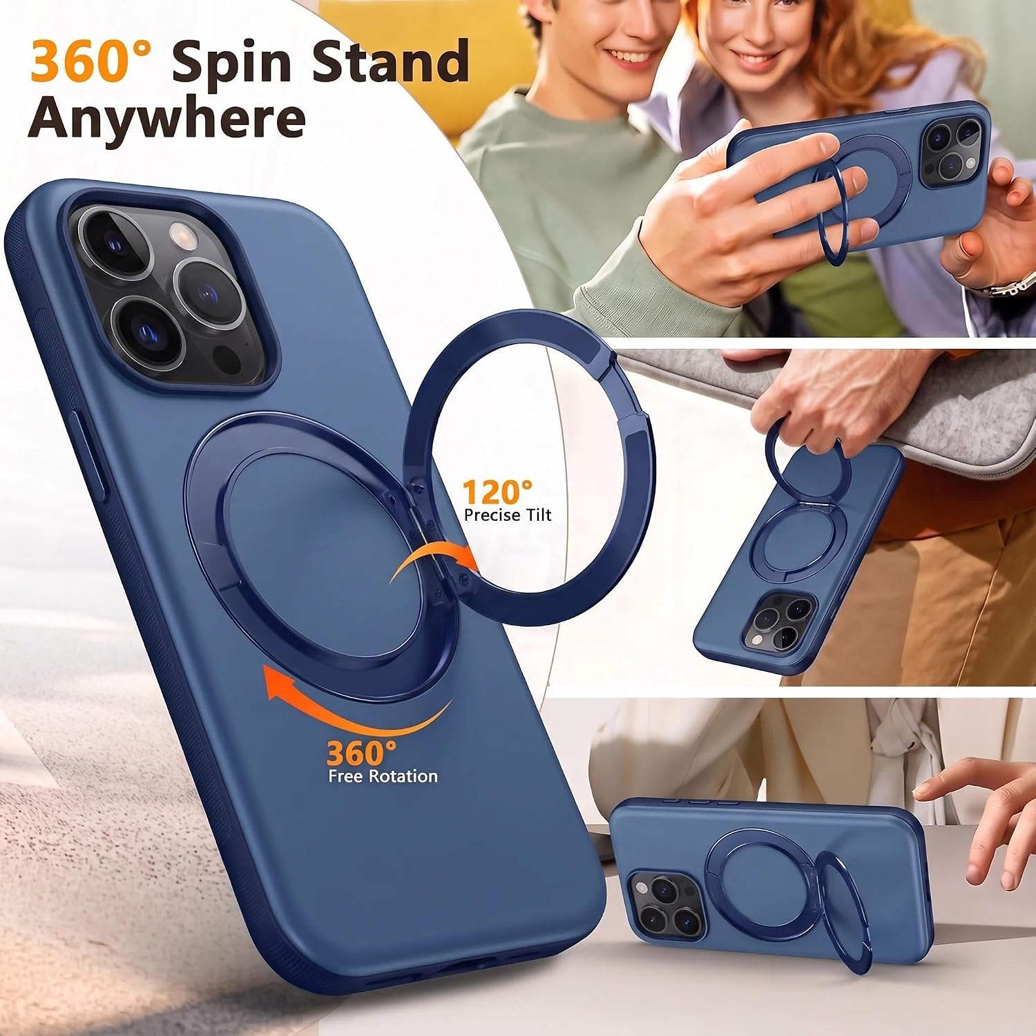 Detalle de Oterkin iPhone 16 Pro Case with 360° Spin Mag-Stand, Blue