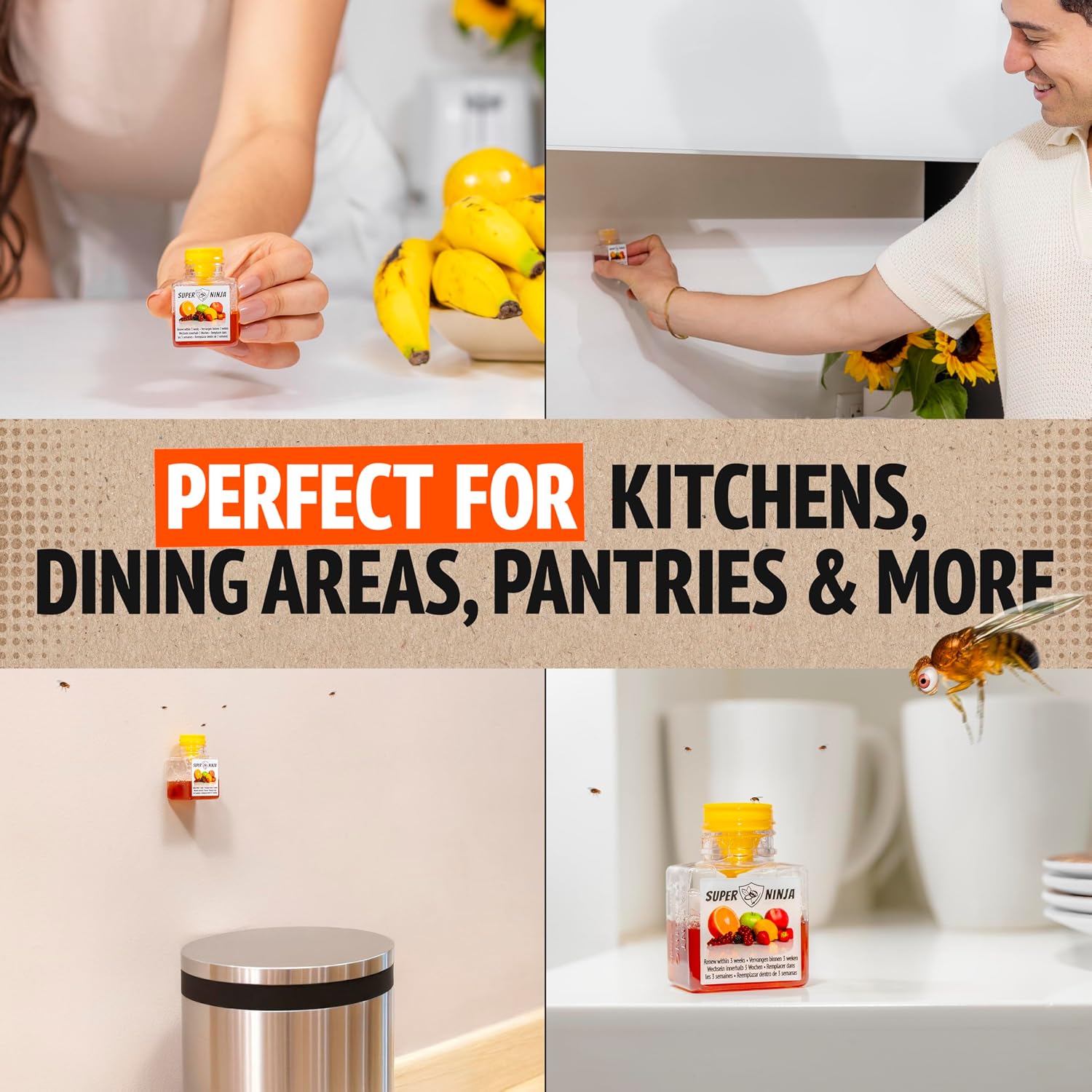 Detalle de Super Ninja Fruit Fly Traps for Indoors — 4 Pack, Safe, Effective Indoor Fly Control