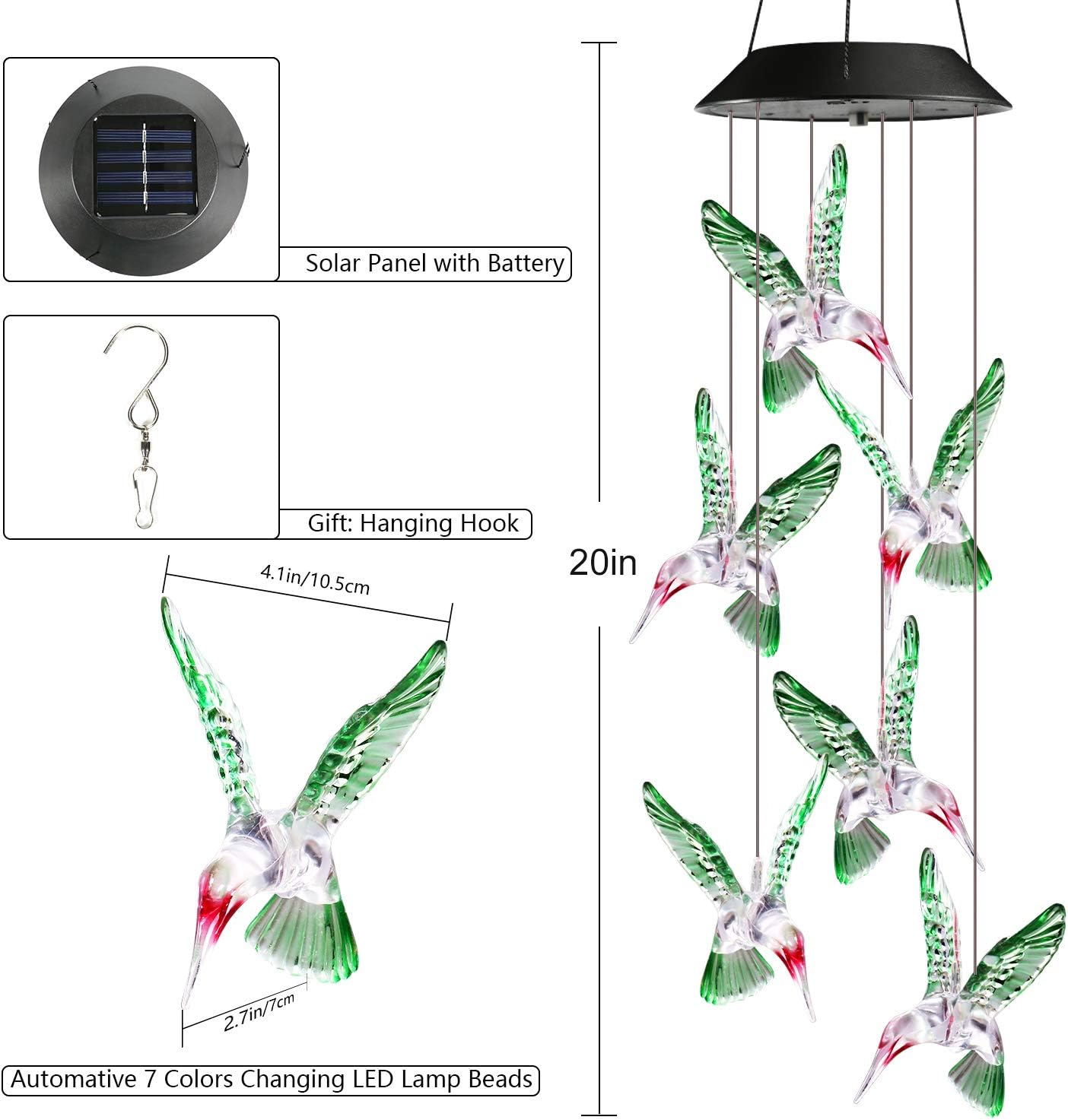 Detalle 2 de Toodour Solar Hummingbird Wind Chime, 7-Color LED Garden Decor
