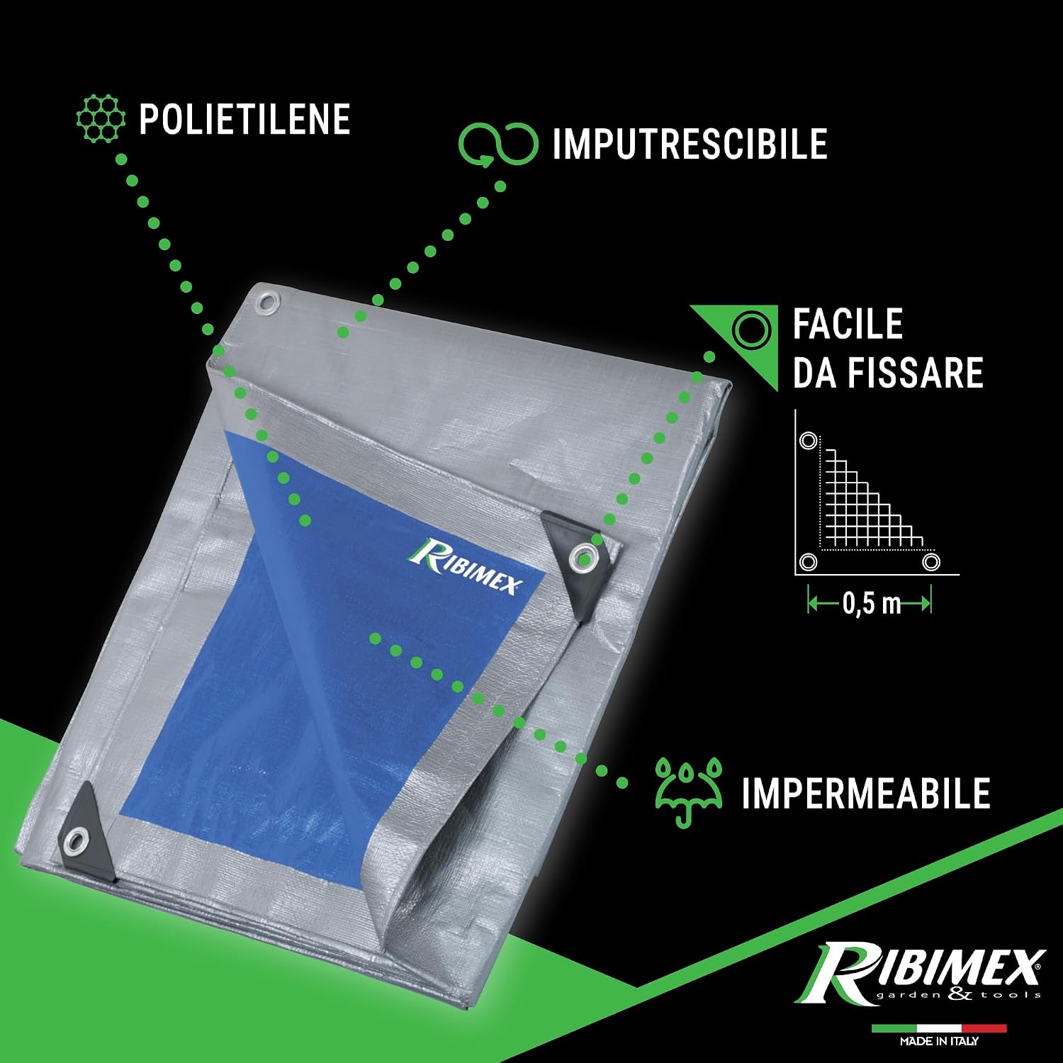 Detalle de Ribimex Telone Impermeabile per Esterno PRO 5x8 m – Protezione affidabile in polietilene 250 g/m² con occhielli in alluminio