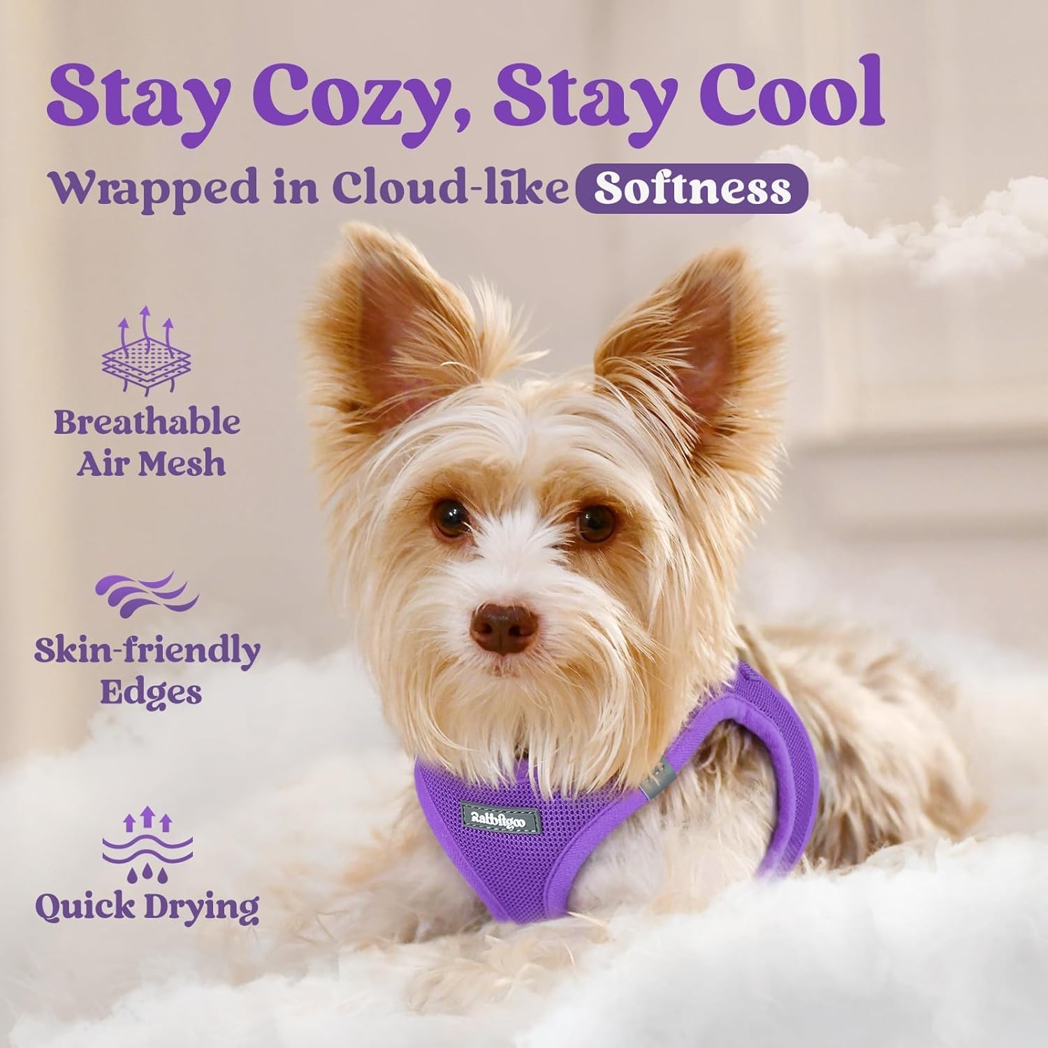 Detalle de rabbitgoo XXS Dog Harness for Tiny Dogs – Step-in Soft Mesh, Reflective, Purple