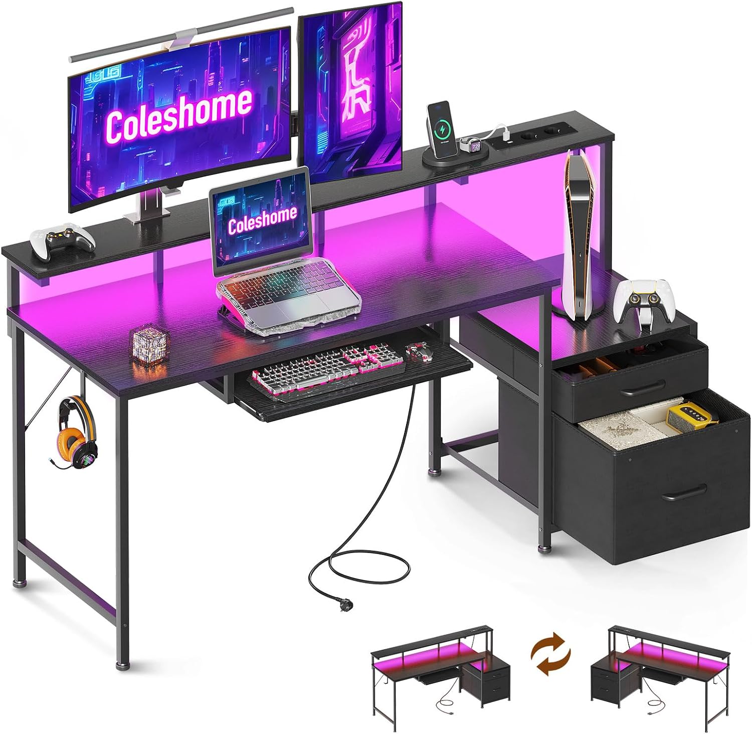 Detalle de Coleshome Scrivania Gaming con LED e Prese - 140x48 cm, cassetti in tessuto, vassoio tastiera e supporto monitor