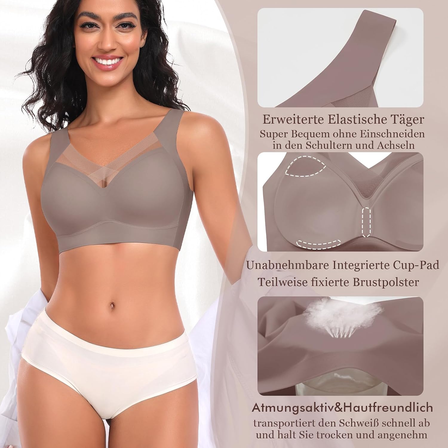 Detalle de Damen BH ohne Bügel nahtloser Komfort-BH mit Soft-Cups (T-Shirt/Bralette) aus 55% Nylon & 45% Spandex