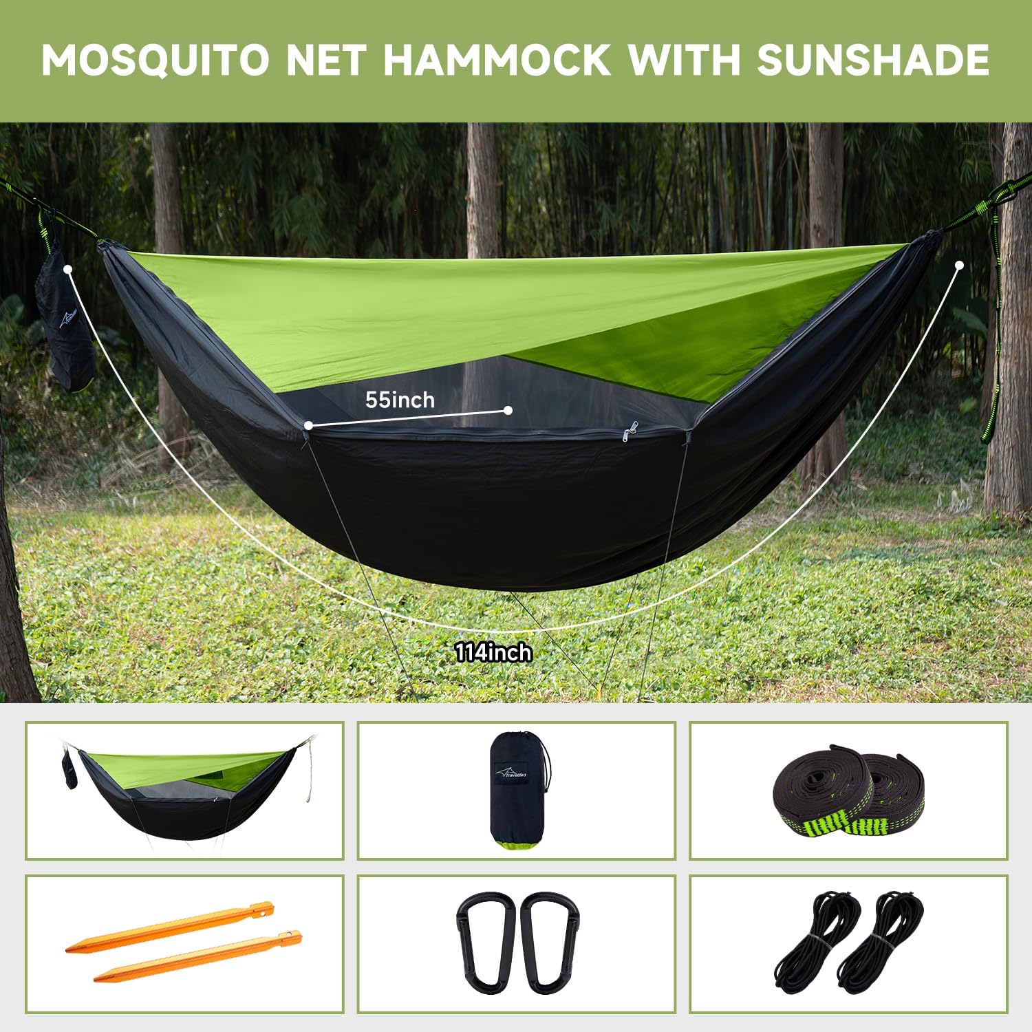 Thumbnail 6 de Travel Bird Camping Hammock with Mosquito Net, Sunshade & Ridge Rope — 290 x 140 cm