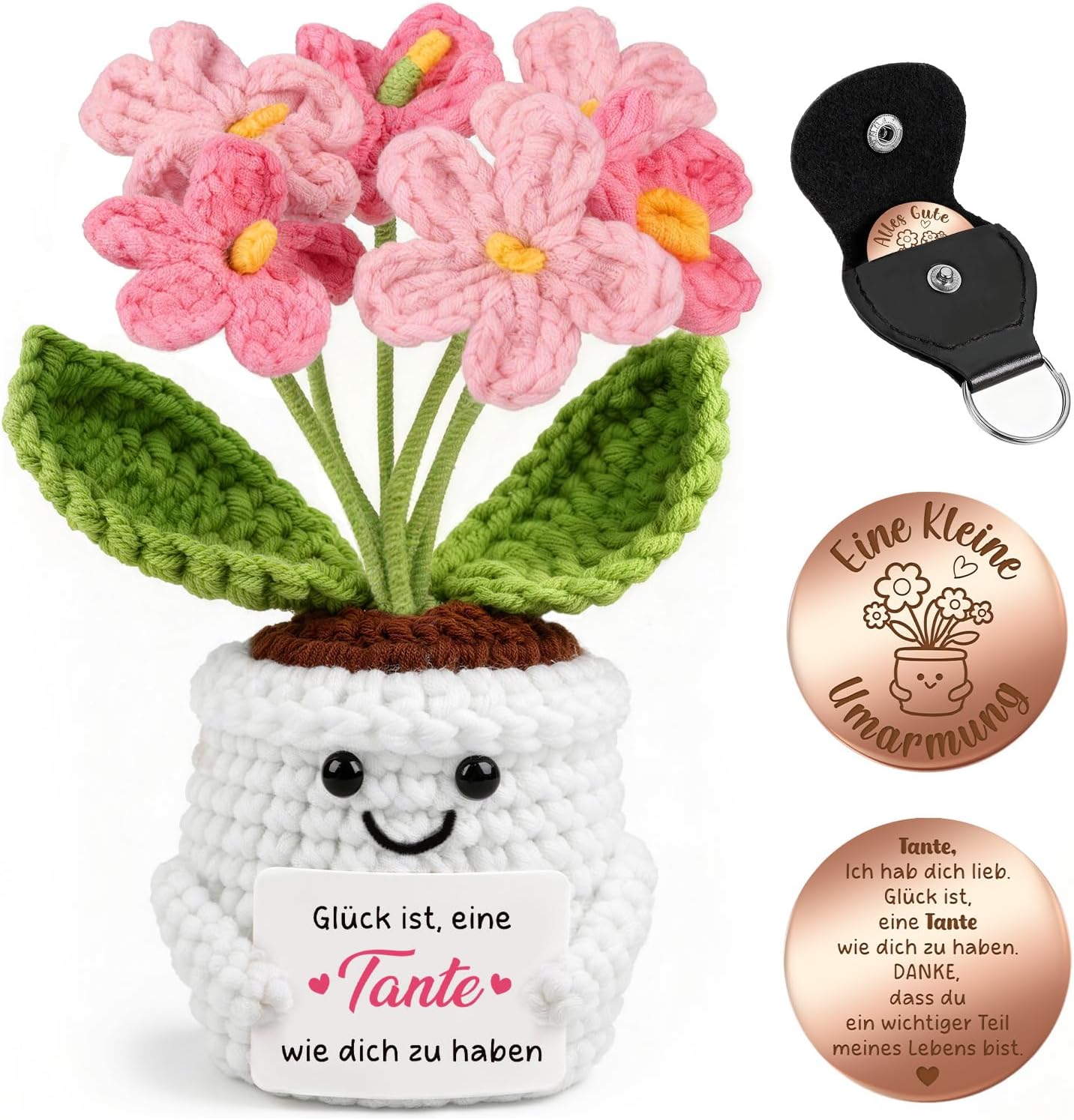 Detalle de Giftota Pocket Hug Vergissmeinnicht – handgehäkelte Blume im Topf als persönliches Dankeschön für Tante