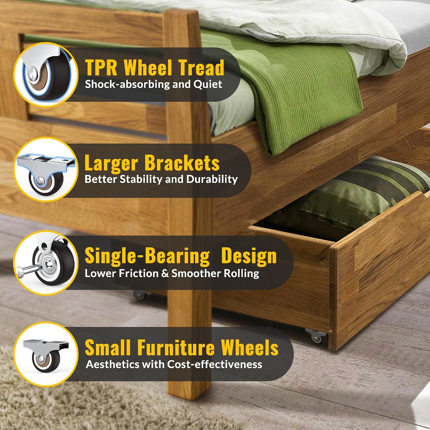 Thumbnail 6 de HOLKIE 32mm Heavy Duty Castor Wheels for Furniture – Non-Swivel, Silent Rubber TPR Tops (Set of 4)