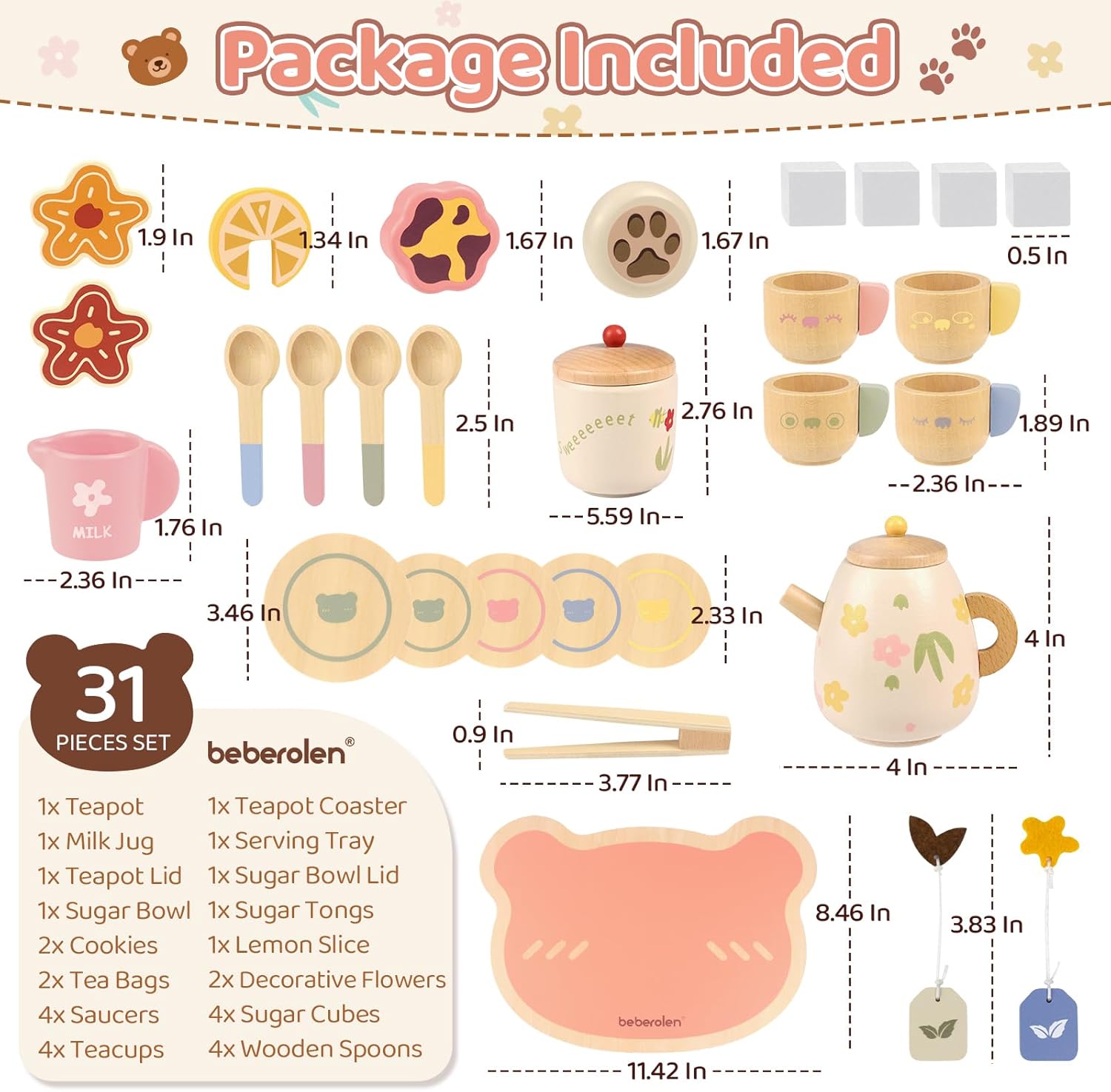Detalle de Beberolen 31-Piece Wooden Tea Set for Toddlers – Pretend Play Kitchen Accessories