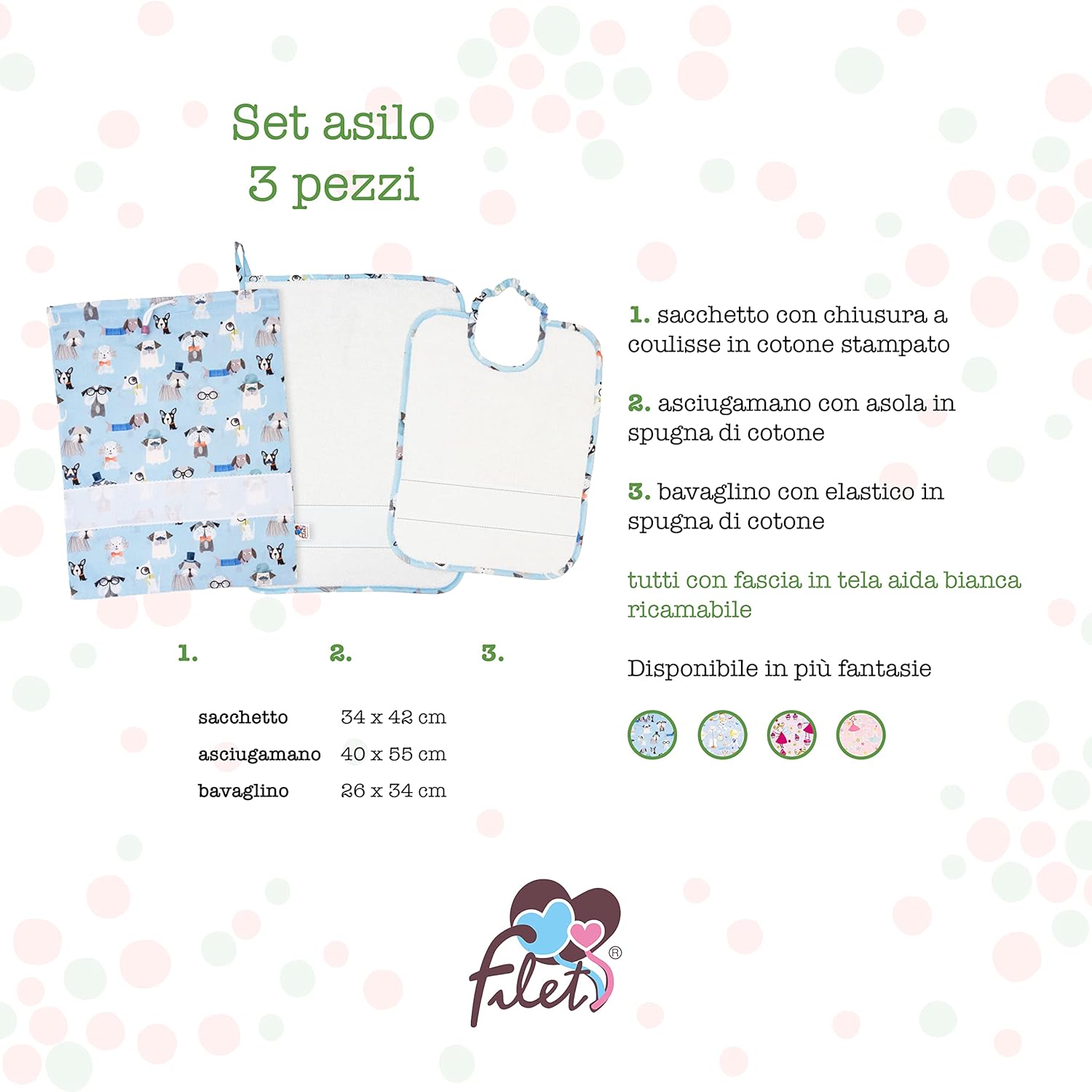 Thumbnail 1 de Filet - Set Asilo Tre Pezzi Ricamabile (Bavaglino, Asciugamano, Sacchetto) in Cotone stampato azzurro fantasía Cagnolini