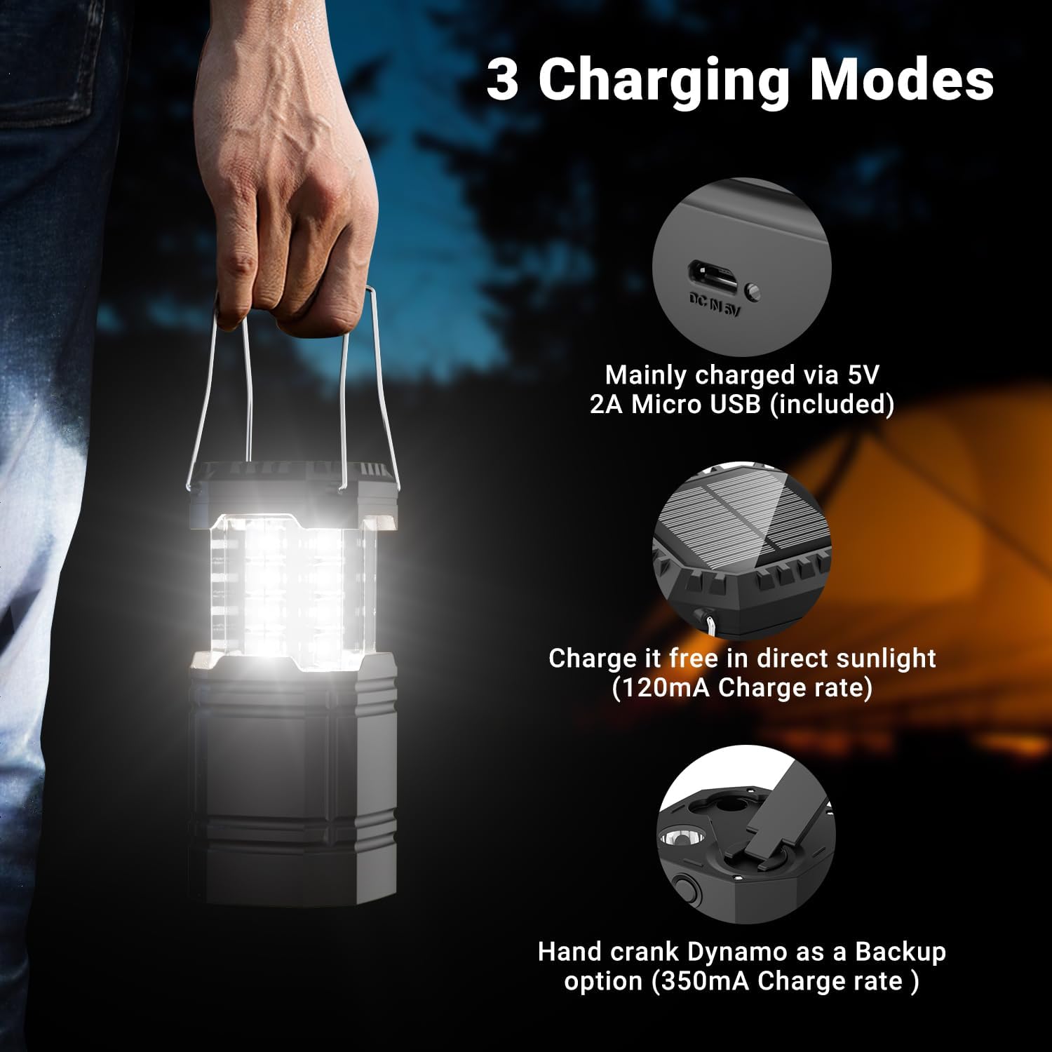 Detalle 2 de LED Campinglampe Solar – 3-in-1 Notfall- und Outdoor-Beleuchtung, IPX4, 3000mAh Akku