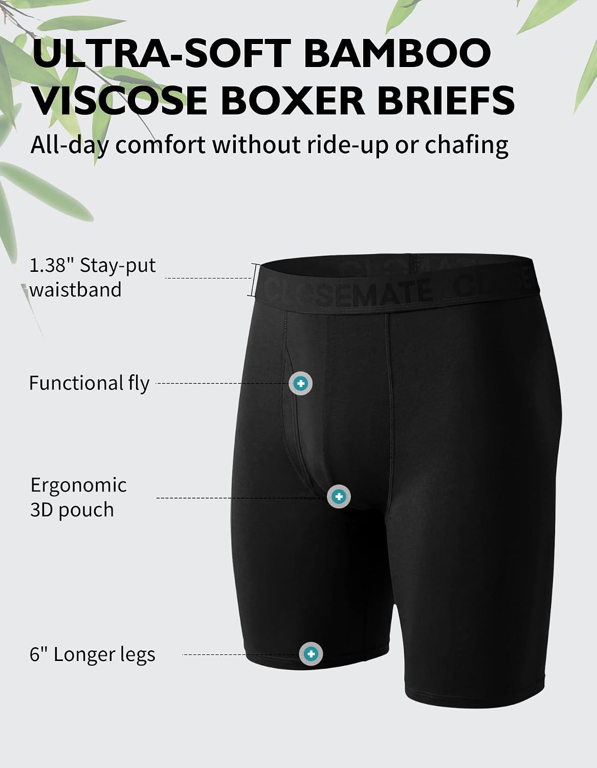 Detalle 2 de CLOSEMATE Men's Boxer Shorts, Bamboo Viscose Blend, 3 Pack, 6-inch Leg