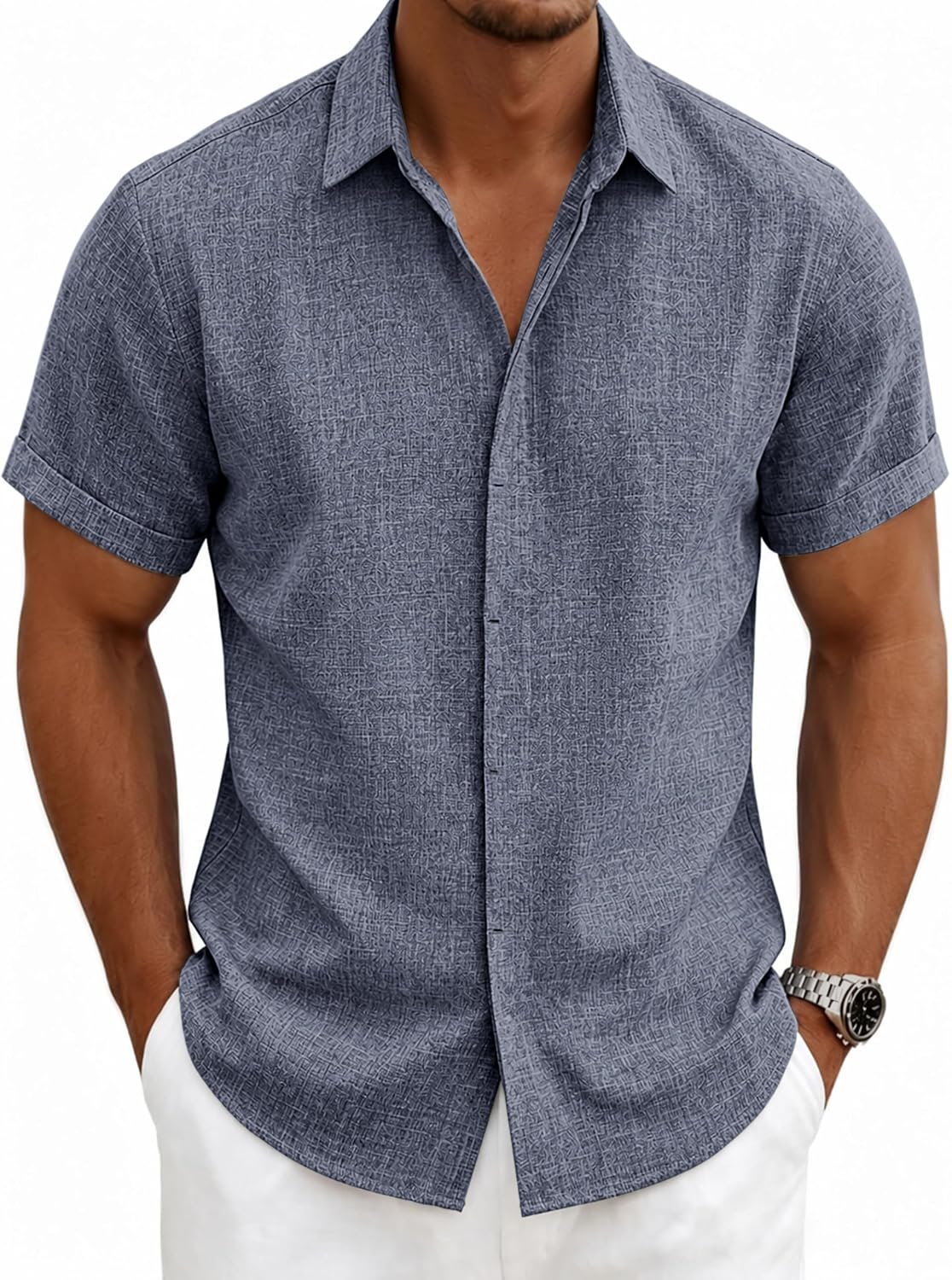 Detalle de Men's Linen-Blend Short-Sleeve Button-Down Shirt with Hidden Placket