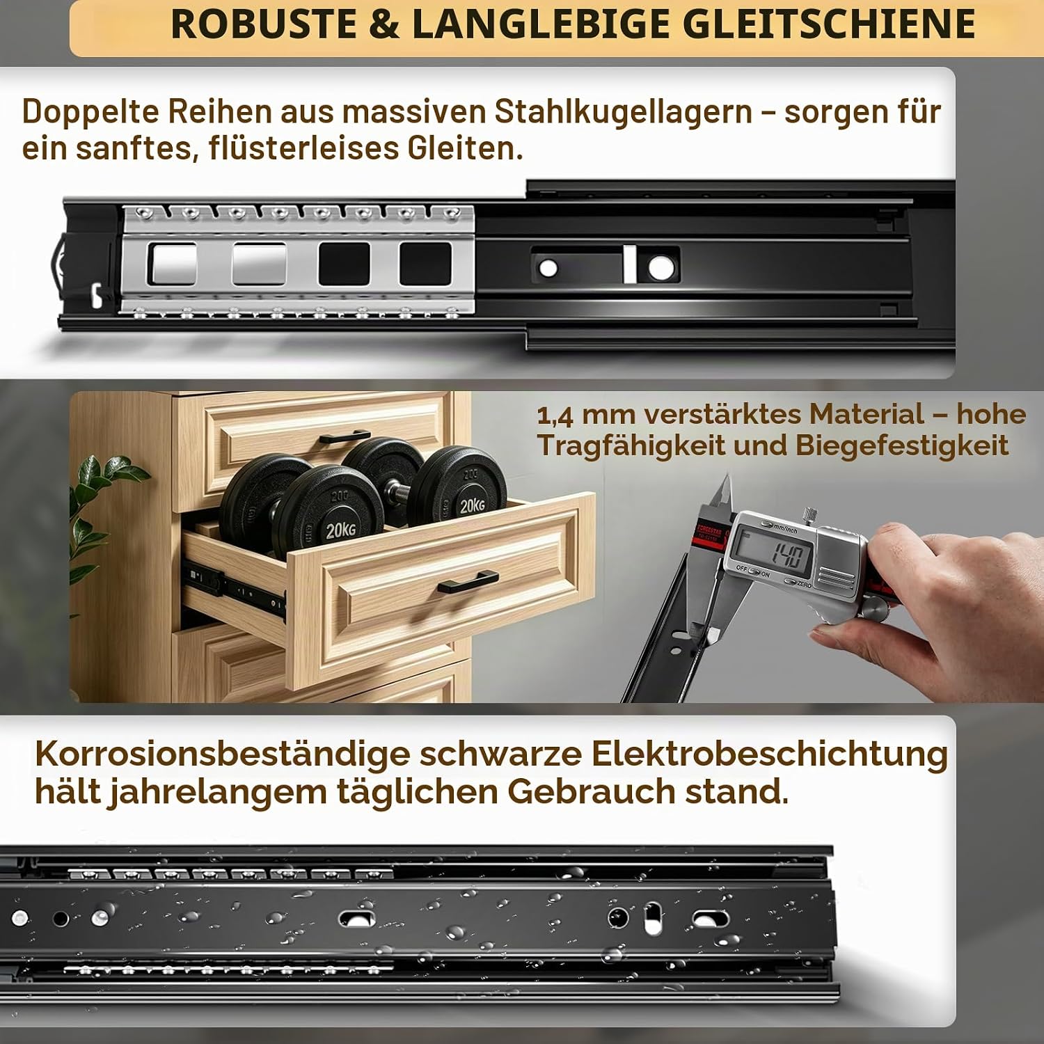 Thumbnail 5 de AOLISHENG Schubladenschienen 450 mm Vollauszug mit Soft-Close – 5 Paar, 45 kg Tragkraft, für Küchenschubladen