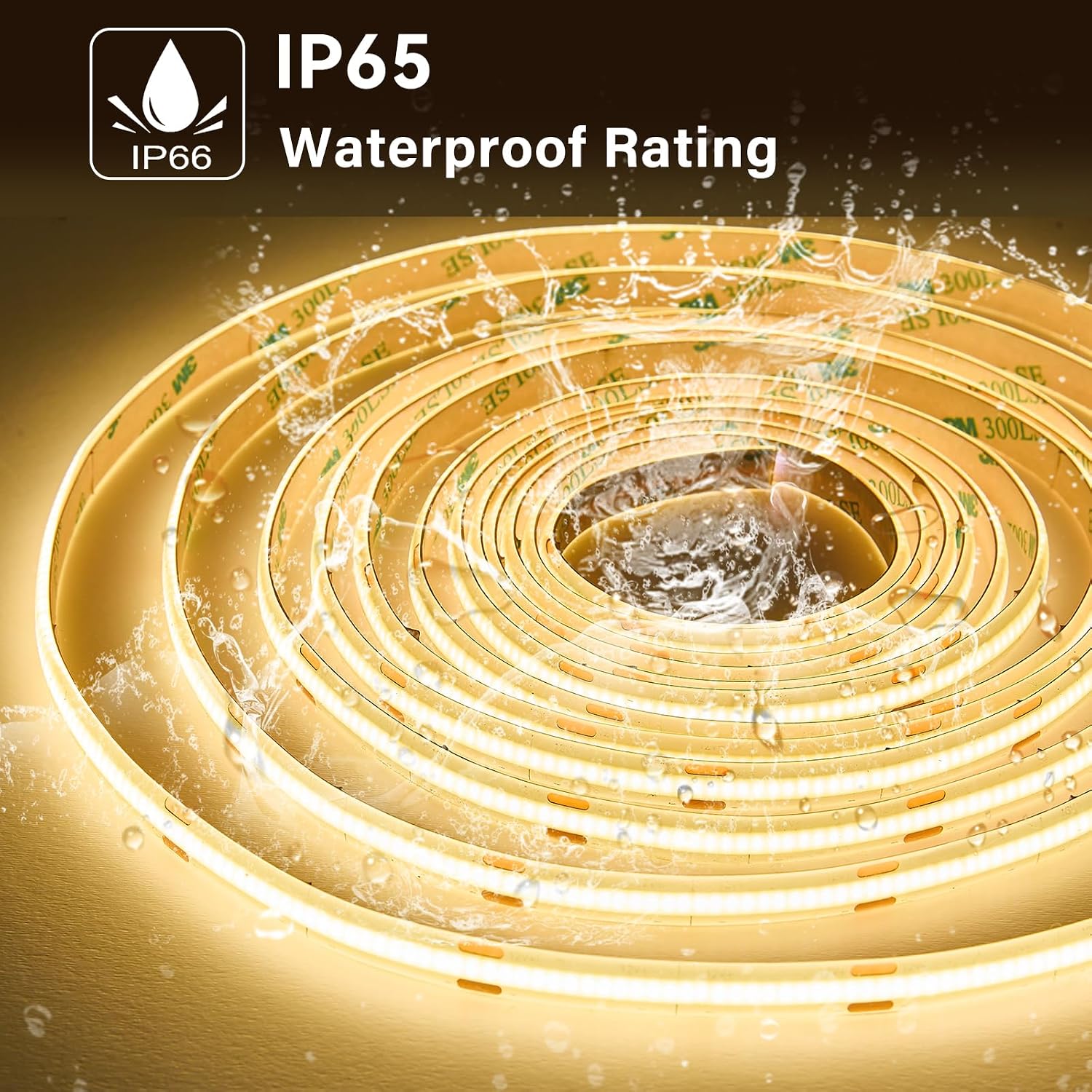 Detalle 2 de SIRYYUI COB Waterproof LED Strip Light IP65 10M (2700K Warm White, 384 LEDs/m, CRI90+) – 24V dotless tape light