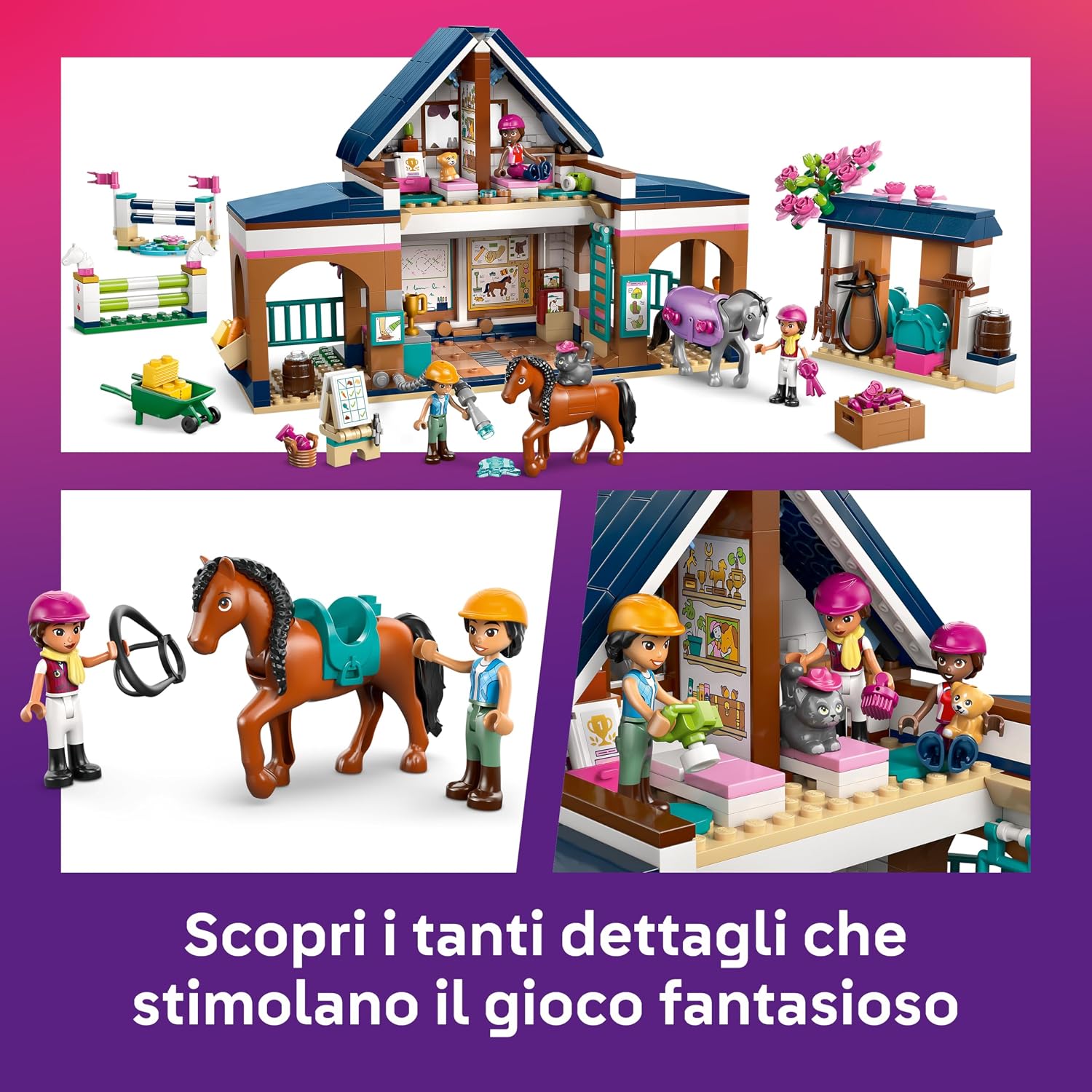 Detalle de LEGO Friends Scuderia e Accademia di Equitazione 42688 – Set didattico con cavalli, animali e mini bamboline