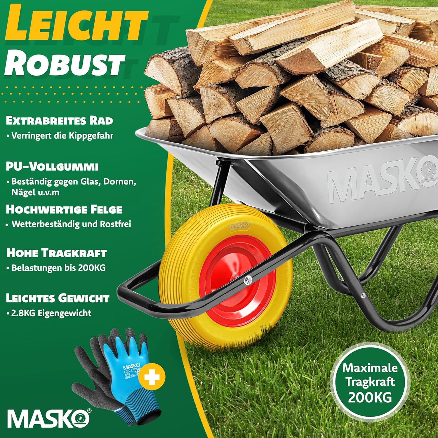 Thumbnail 5 de MASKO PU-Schubkarrenrad Vollgummi 200 kg | Ø 390 mm, 4.80/4.00-8, Stahlfelge
