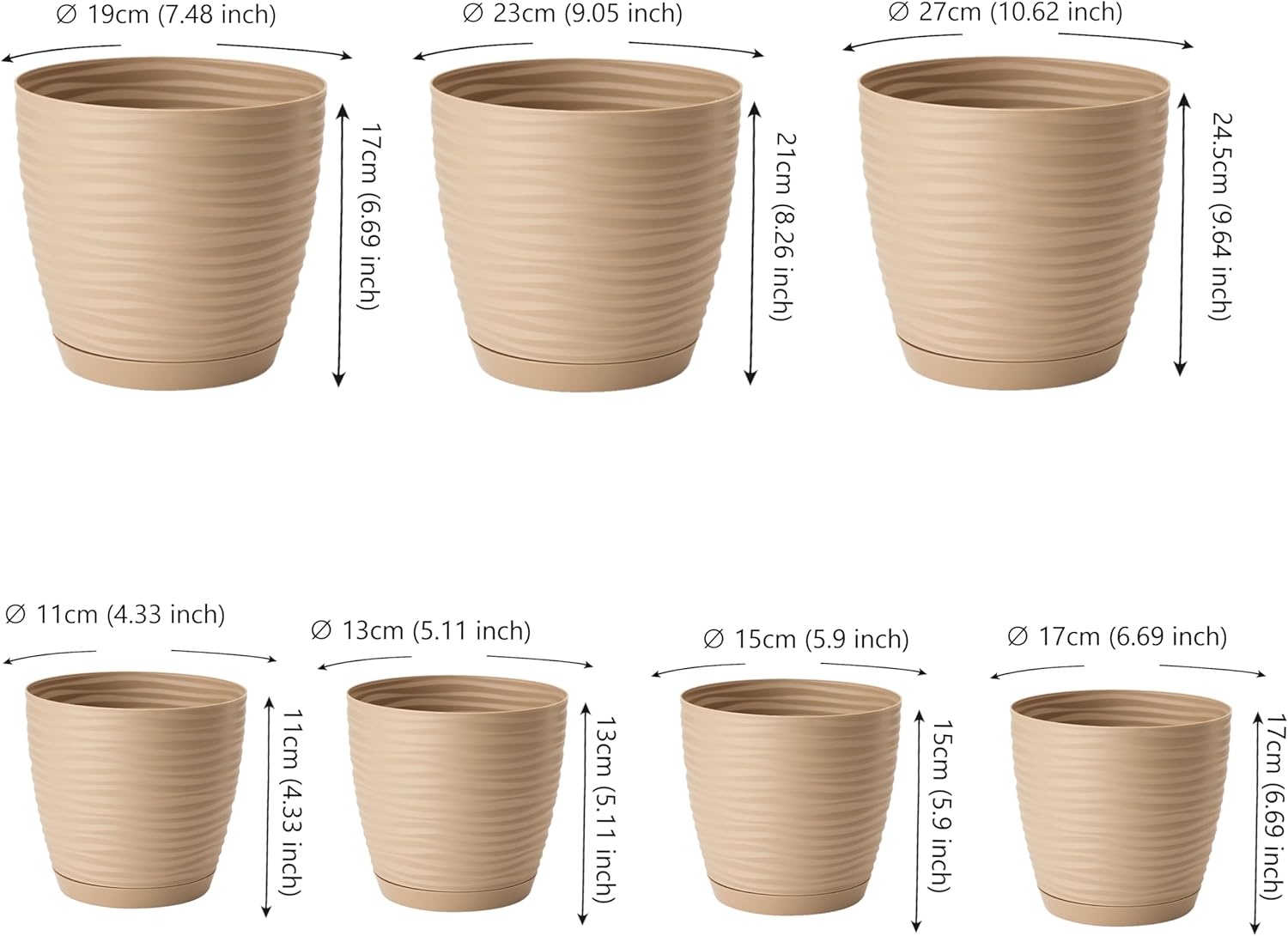 Thumbnail 1 de Home Garden Ornaments Wave Plant Pots Indoor – Taupe 19cm with Drainage and Integrated Saucer