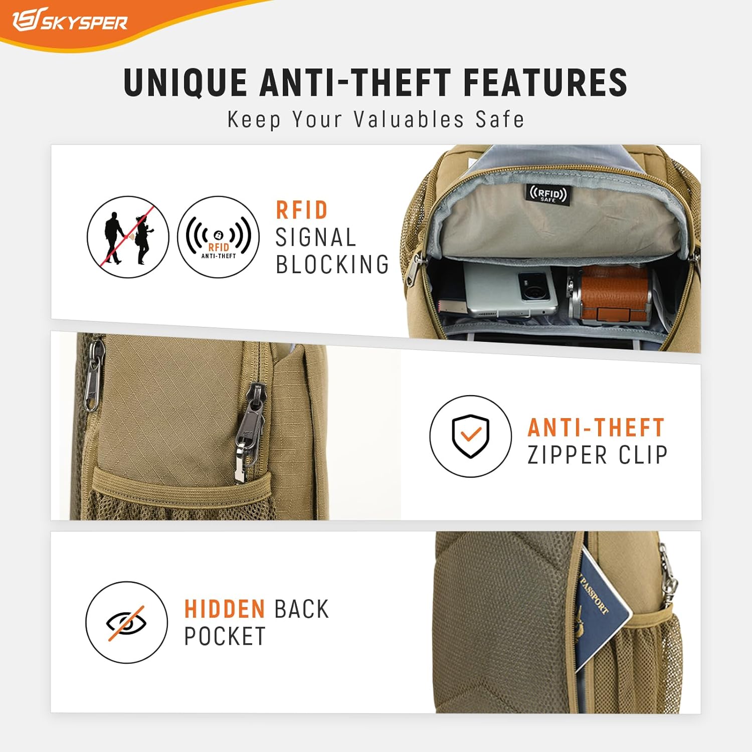 Detalle de SKYSPER Sling Bag RFID cross body recycled travel daypack