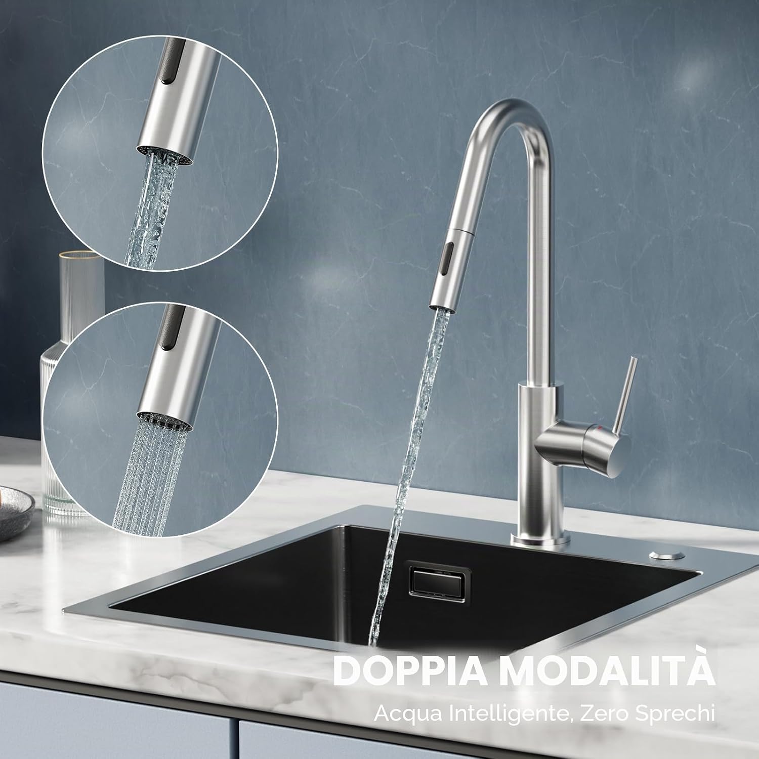 Detalle 2 de CECIPA Rubinetto da cucina ad alta pressione con doccetta estraibile: design a V in acciaio inox e flessibilità d’uso