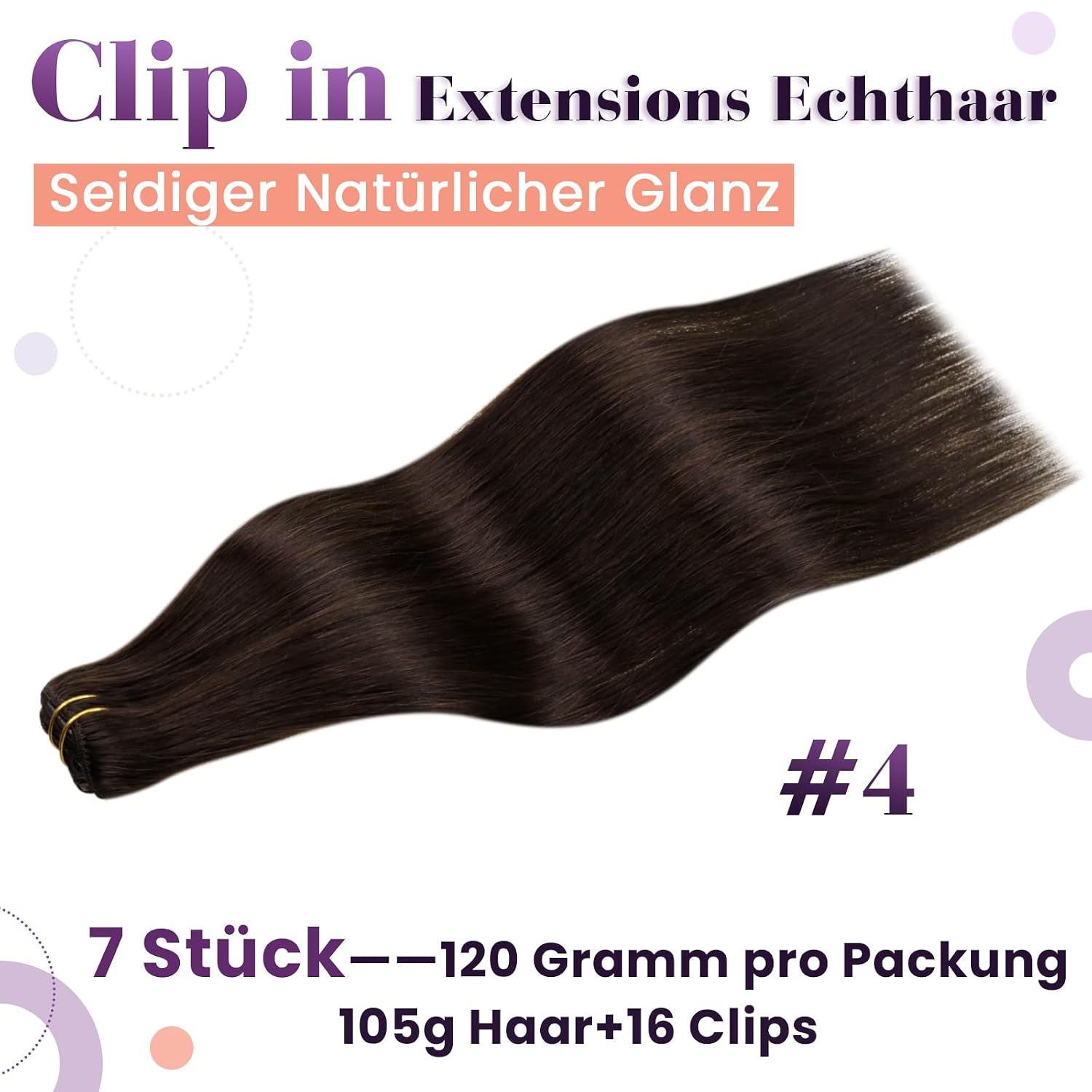 Detalle de LaaVoo Clip-in Echthaar Extensions 50 cm, Dunkelbraun #4 – Remy Echthaar, 105 g