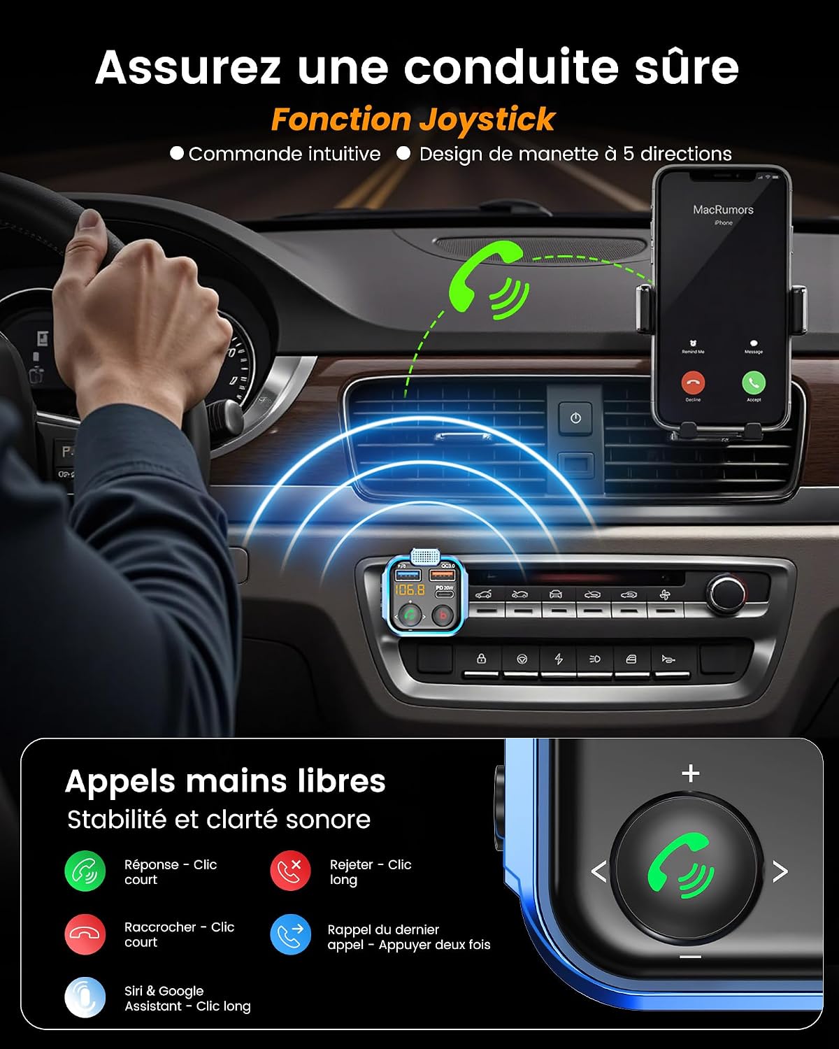 Detalle 2 de LENCENT Bluetooth FM-zender voor de auto met USB-C, QC 3.0 en basversterking