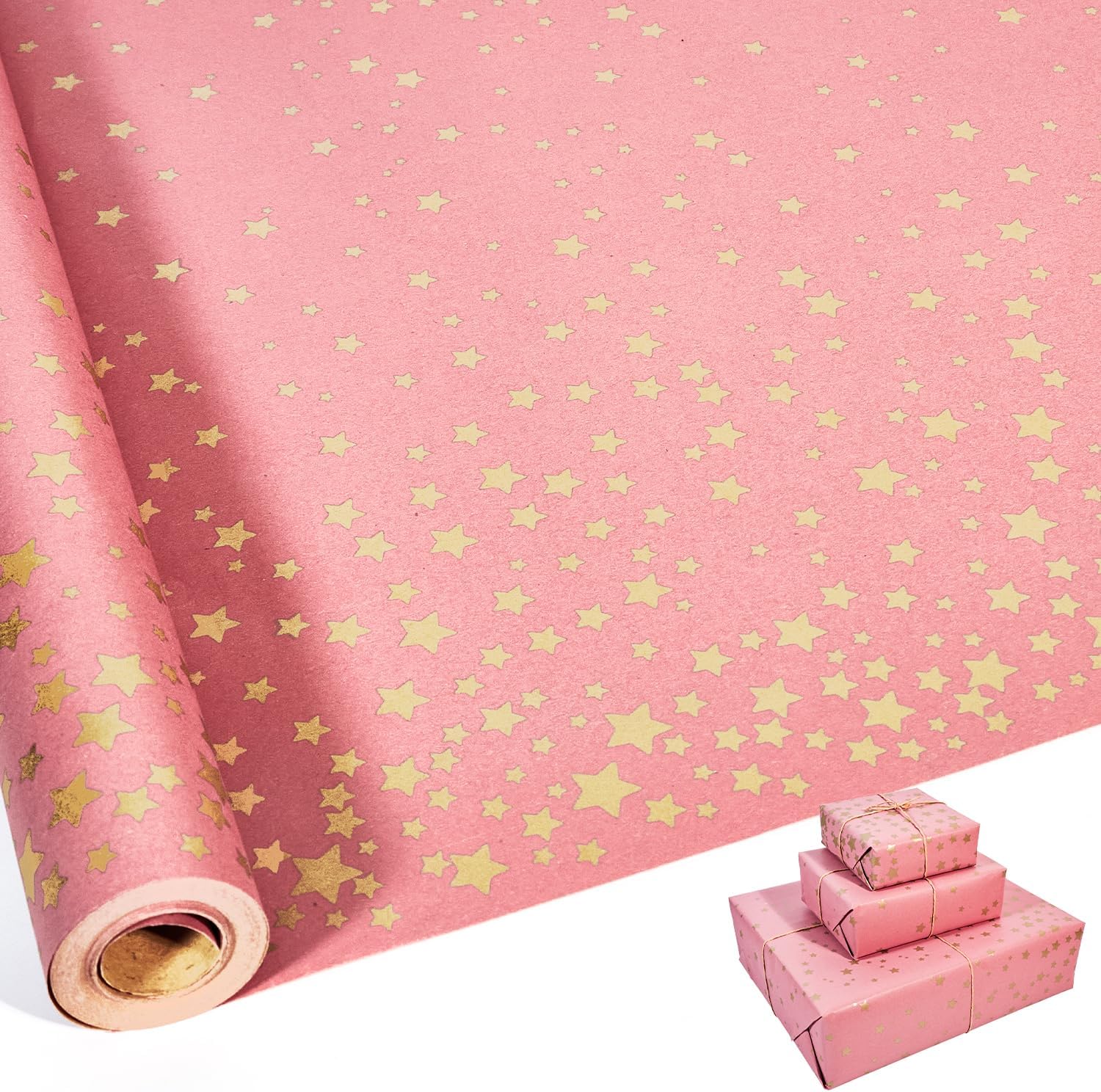 Birthday wrapping paper roll (43cm x 10m) pink kraft with gold stars