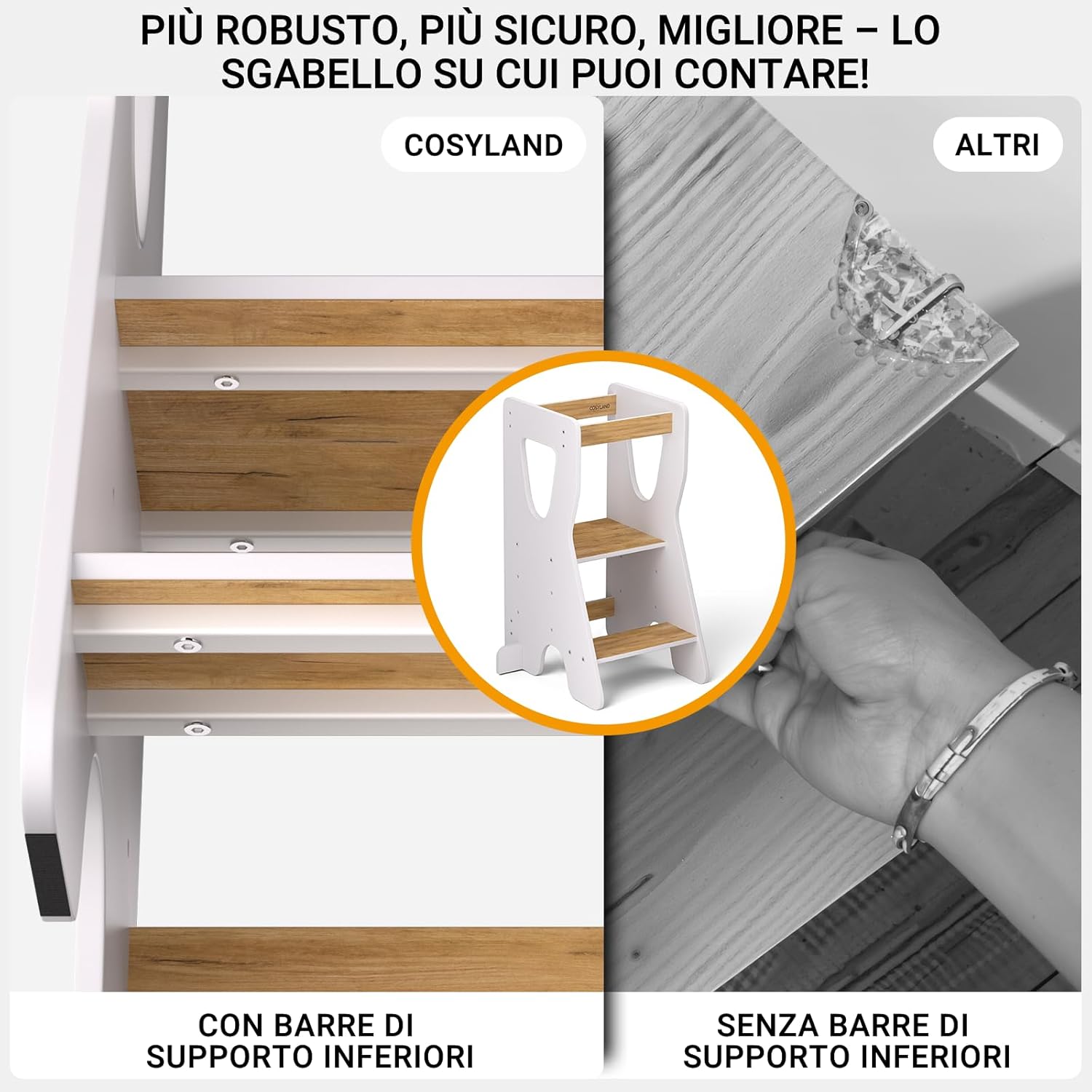 Detalle 2 de COSYLAND Torre Montessoriana Bambini - Torretta in Legno Naturale, 3 Altezze Regolabili, Bianco e Naturale