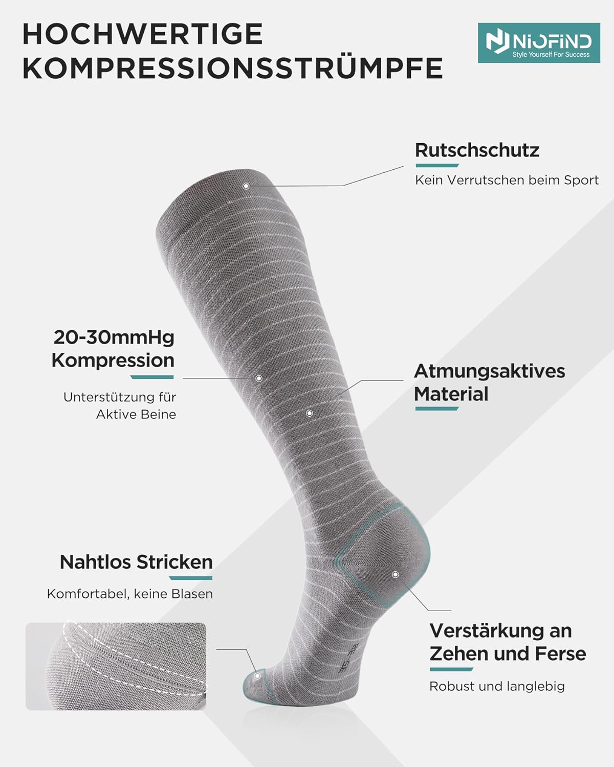 Thumbnail 2 de Niofind Kompressionsstrümpfe (2 Paar, bis zum Knie) für Damen & Herren – 65% Baumwolle, 20–30 mmHg