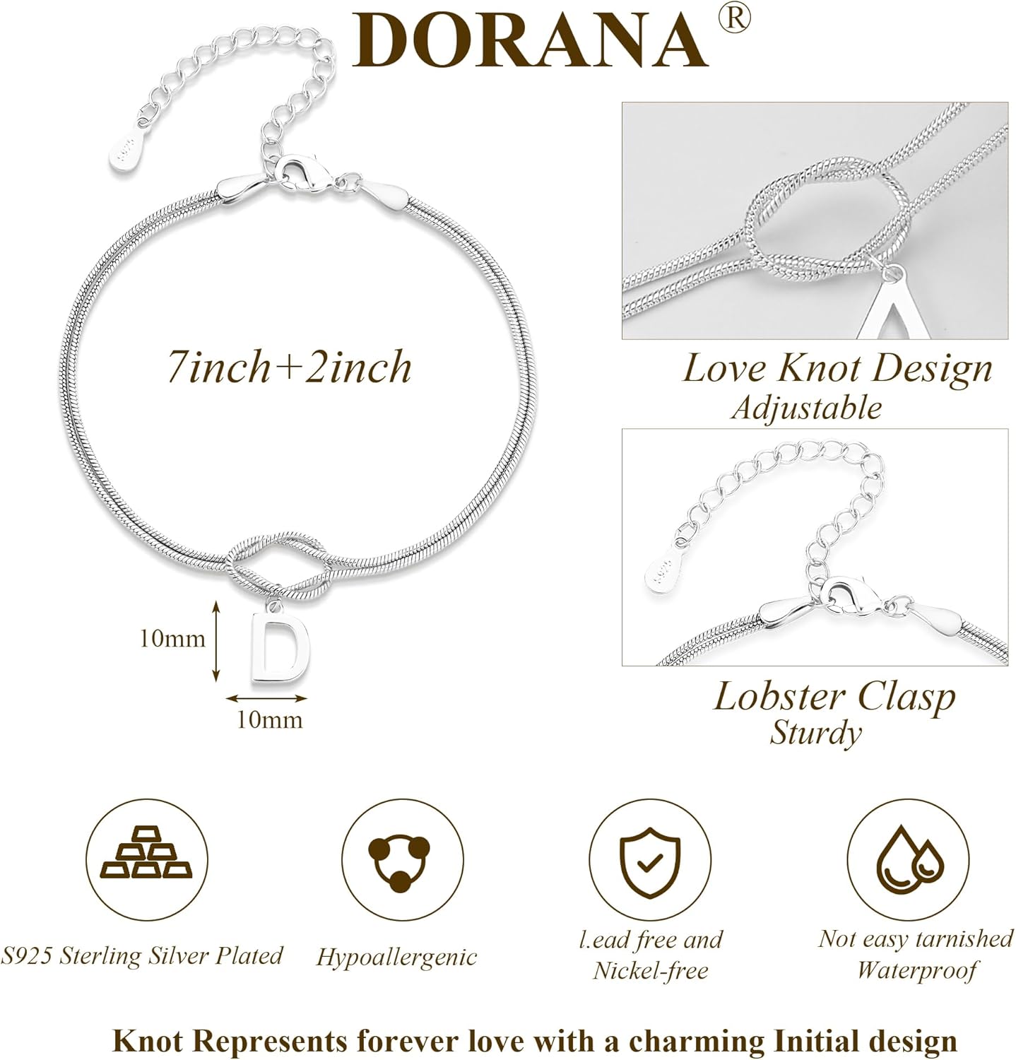 Thumbnail 1 de DORANA Sterling Silver Initial Bracelet with Love Knot – A Thoughtful Gift for Loved Ones