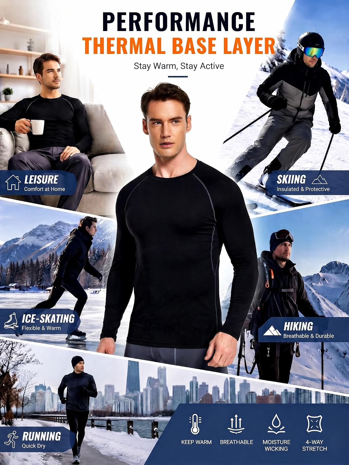 Detalle 2 de TELALEO Men's Thermal Compression Shirt, Fleece-Lined Long Sleeve Base Layer