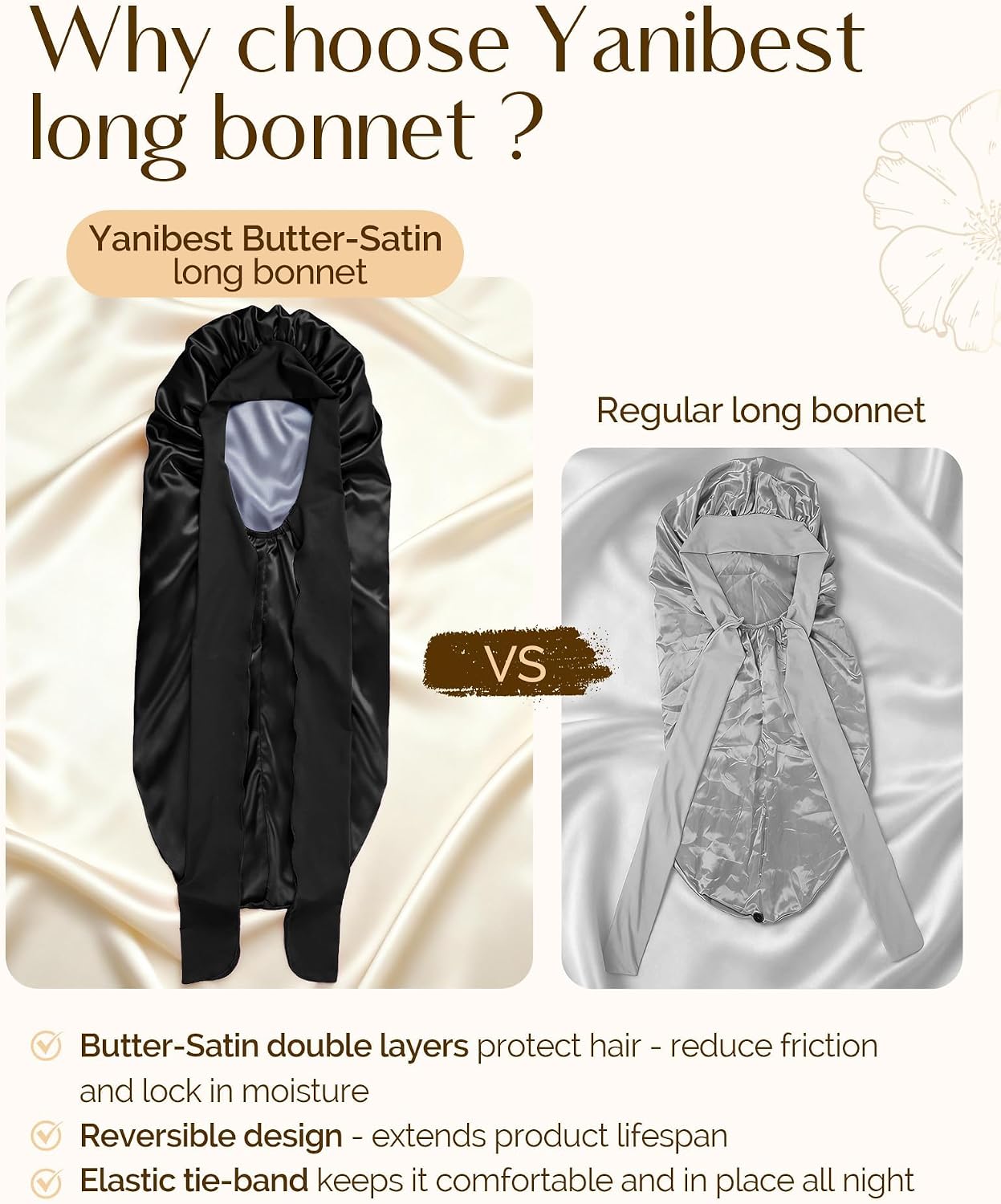 Detalle de YANIBEST Double Layer Extra Long Satin Sleep Bonnet with Adjustable Tie Band