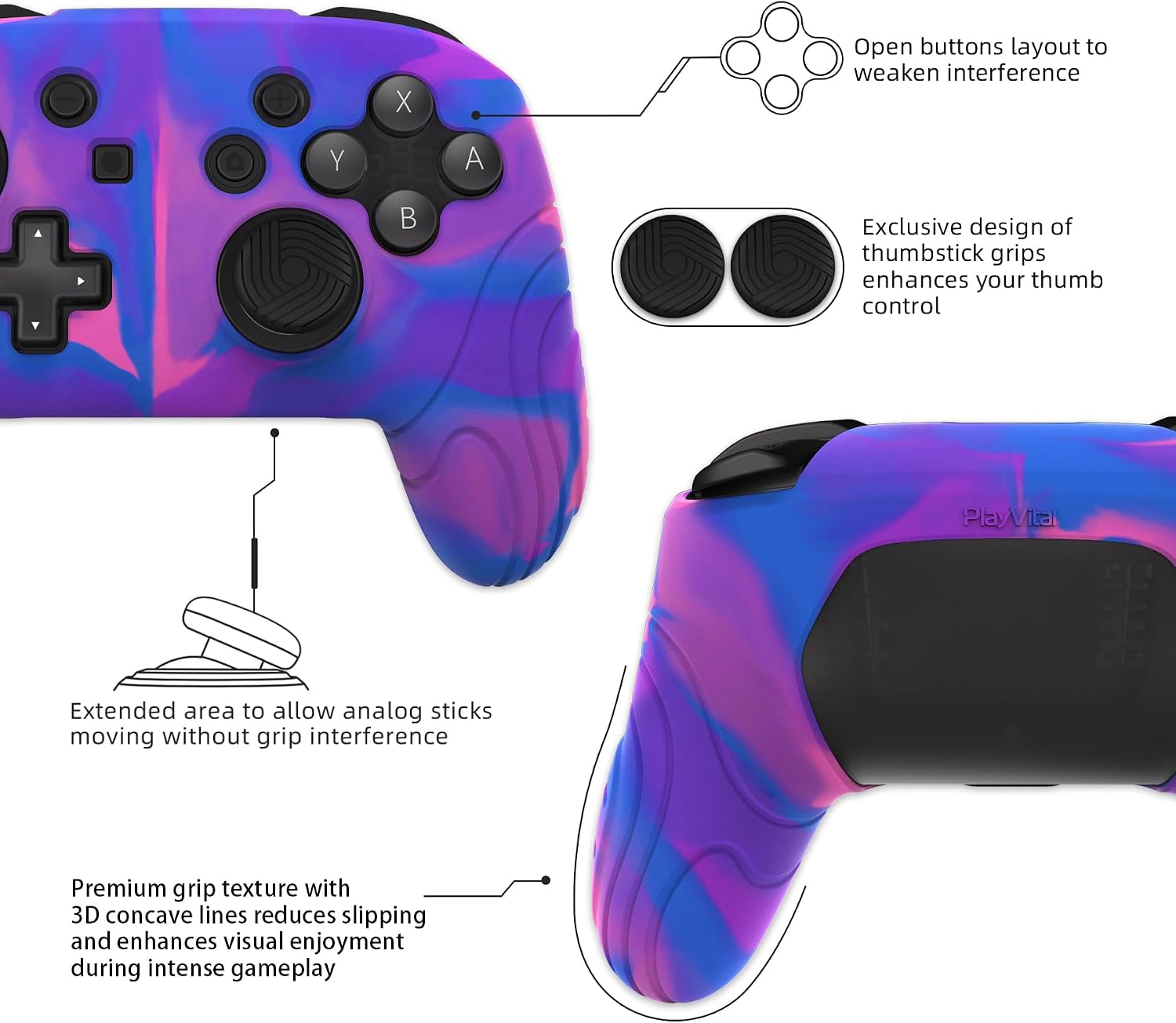 Thumbnail 5 de PlayVital Samurai Edition Ergonomic Silicone Skin Protective Case for Nintendo Switch Pro, Soft Anti-Slip Controller Grip Protector for Nintendo Switch Pro with Thumb Grips - Pink & Purple & Blue
PlayVital Samurai Edition Ergonomic Silicone Skin P…