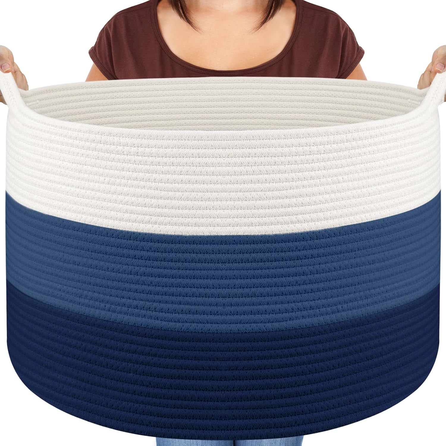 Thumbnail 6 de Maliton Laundry Basket (Large, 55x35cm, 68L) Foldable Rope Woven Hamper in White & Grey