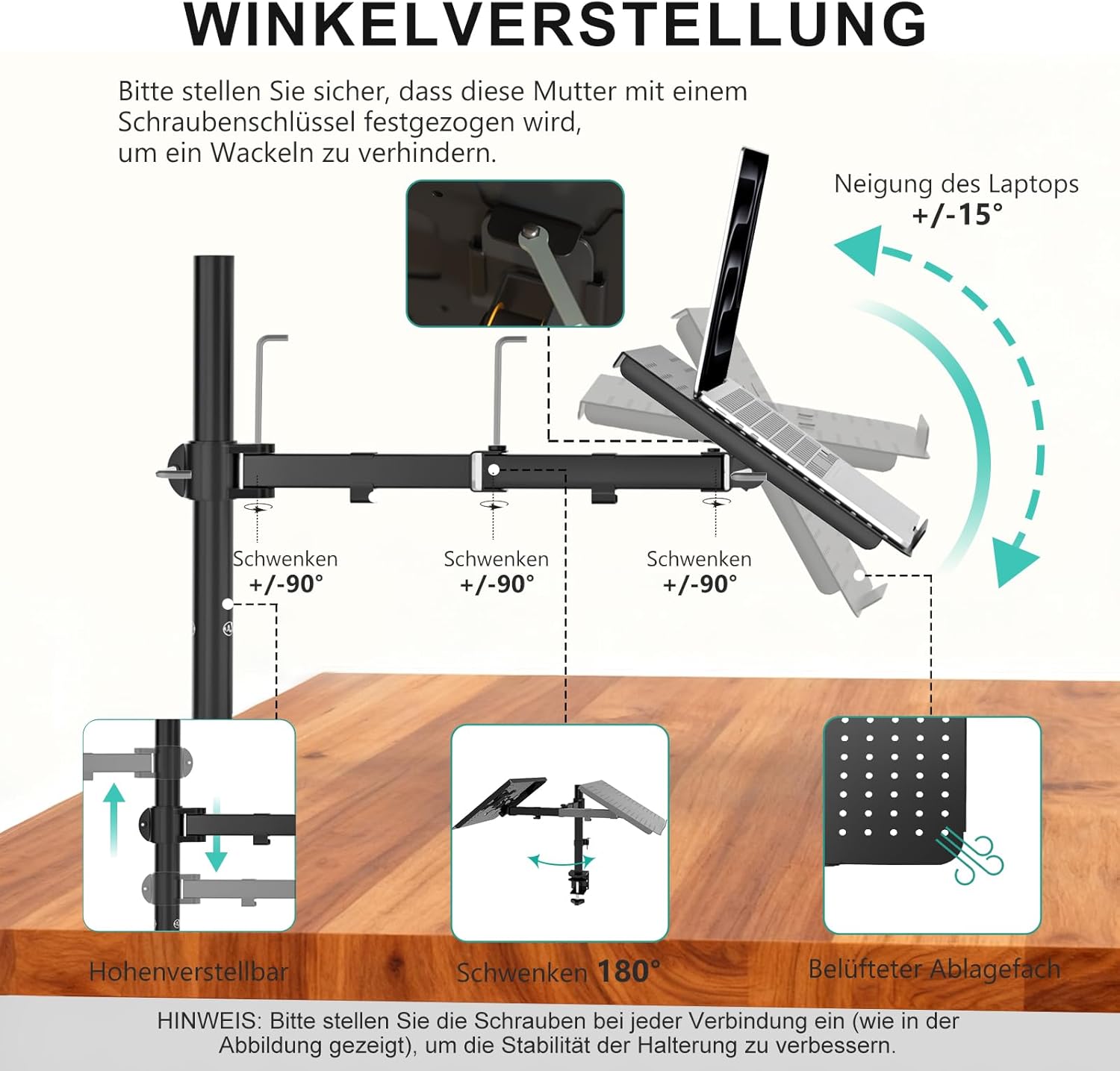 Thumbnail 5 de WALI Laptop-Halterung für den Schreibtisch, 17-Zoll, voll verstellbar bis 10 kg (M00LP) – schwarz
