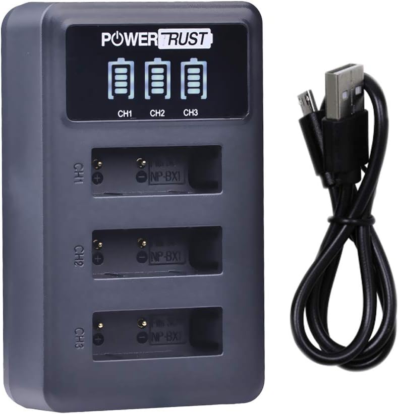 Detalle de PowerTrus NP-BX1 Ladegerät mit 4x Akkus und LED-Anzeige – USB-Ladegerät mit 3 Slots