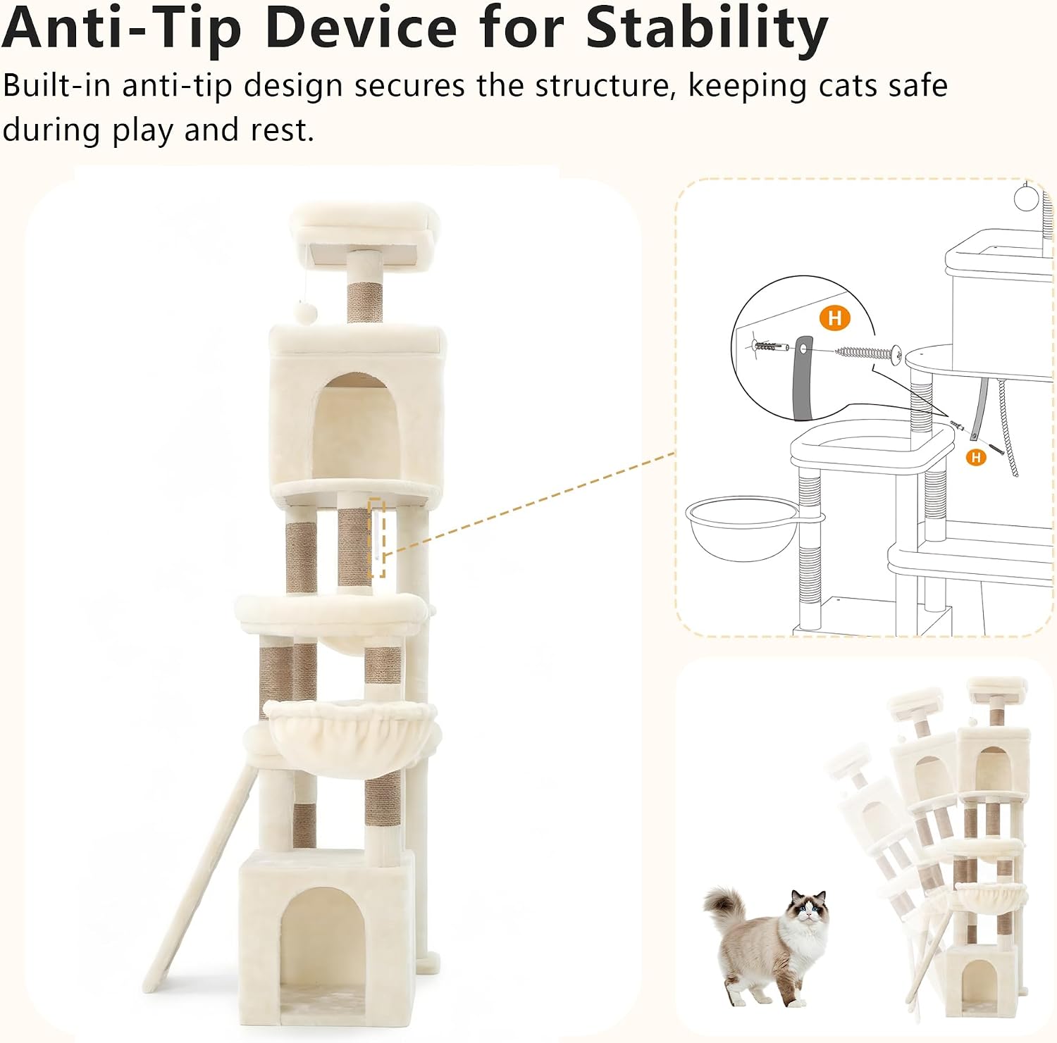 Detalle 2 de Heybly Cat Tree, 184 cm Anti-Tip Cat Tower for Large Cats — All-in-One Beige HCT060M